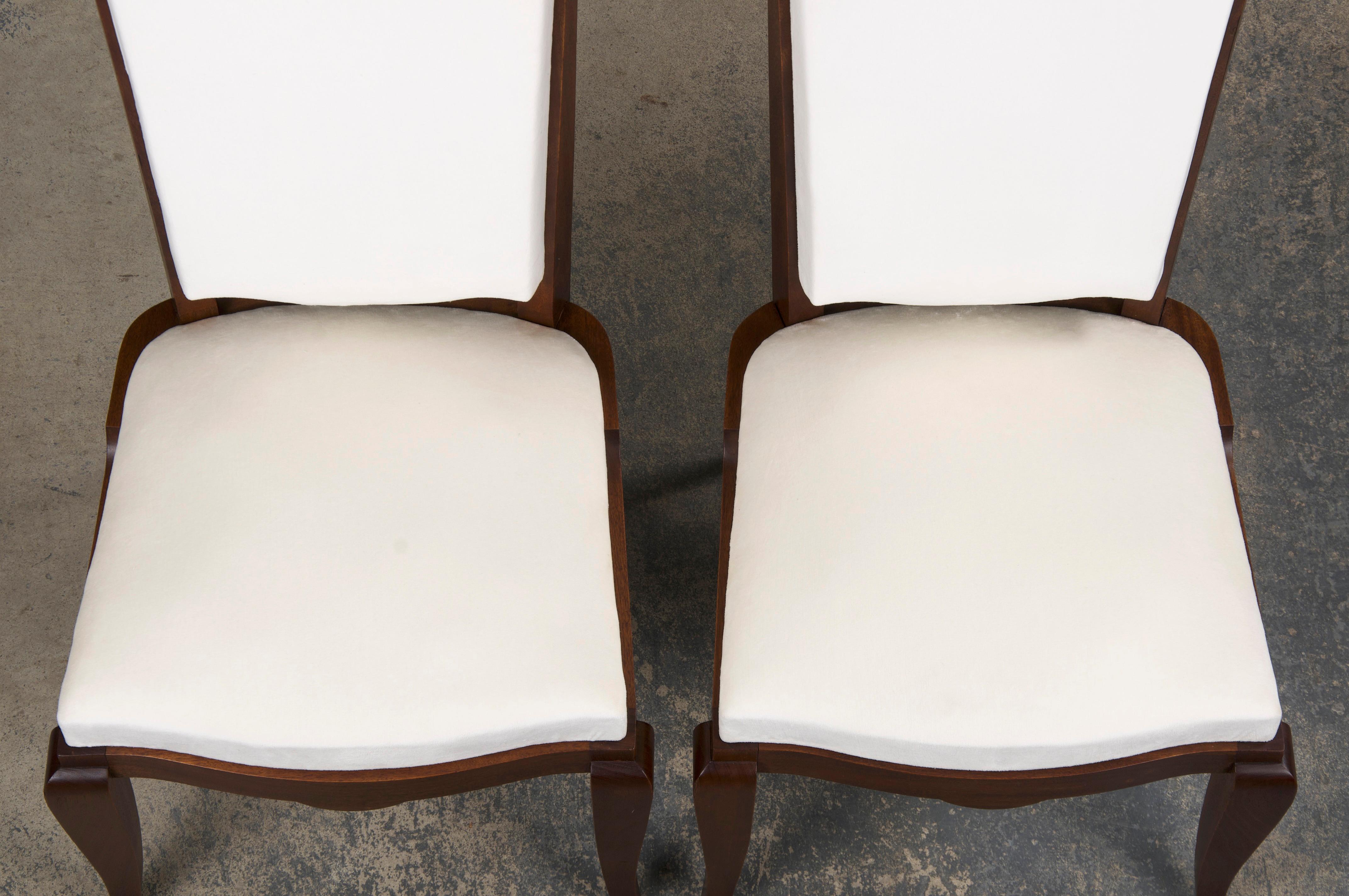 20th Century 1920s French Art Deco Walnut Dining Chairs W/ Off-White Velvet - Set of 6
