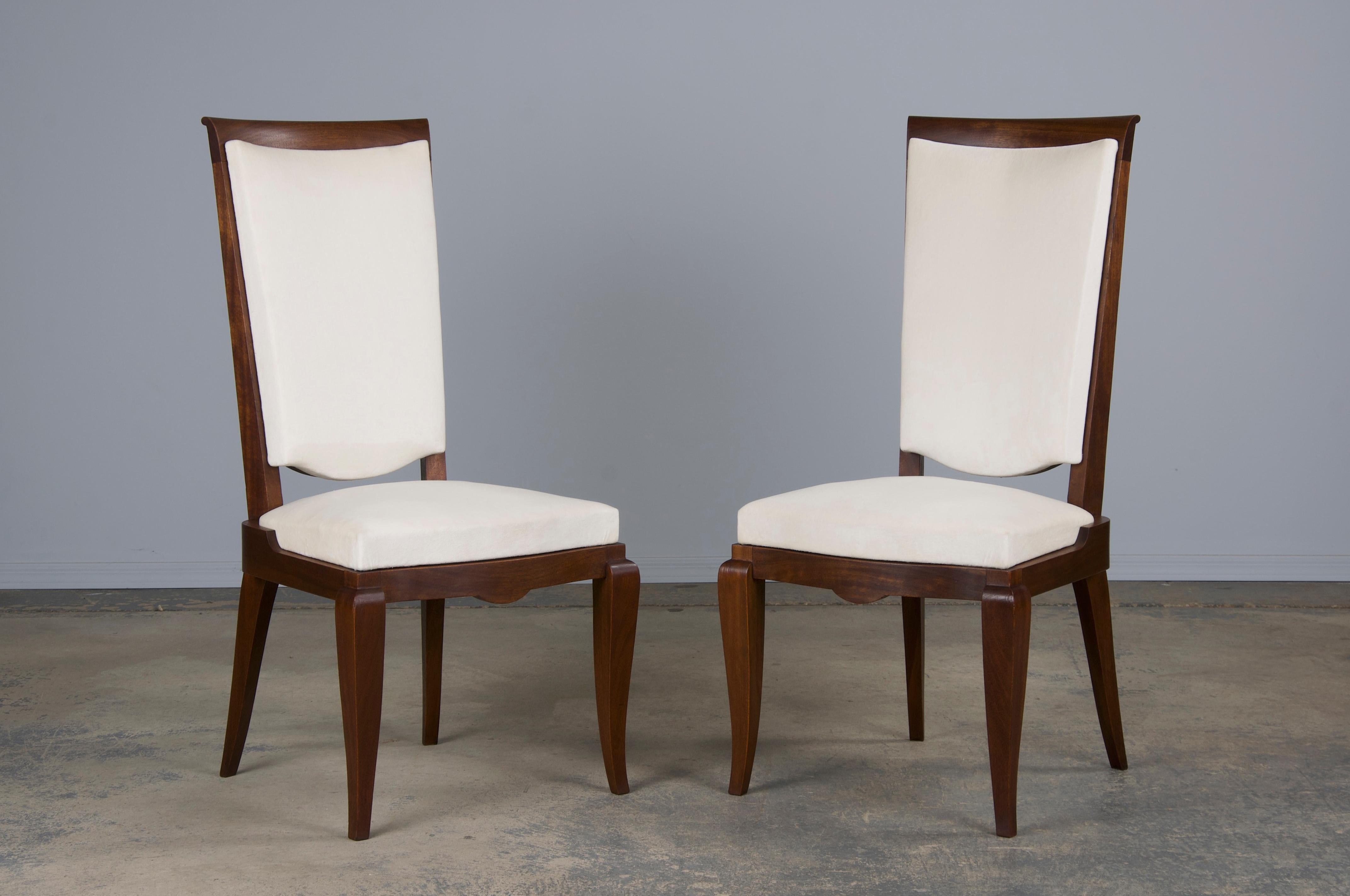 1920s French Art Deco Walnut Dining Chairs W/ Off-White Velvet - Set of 6 1