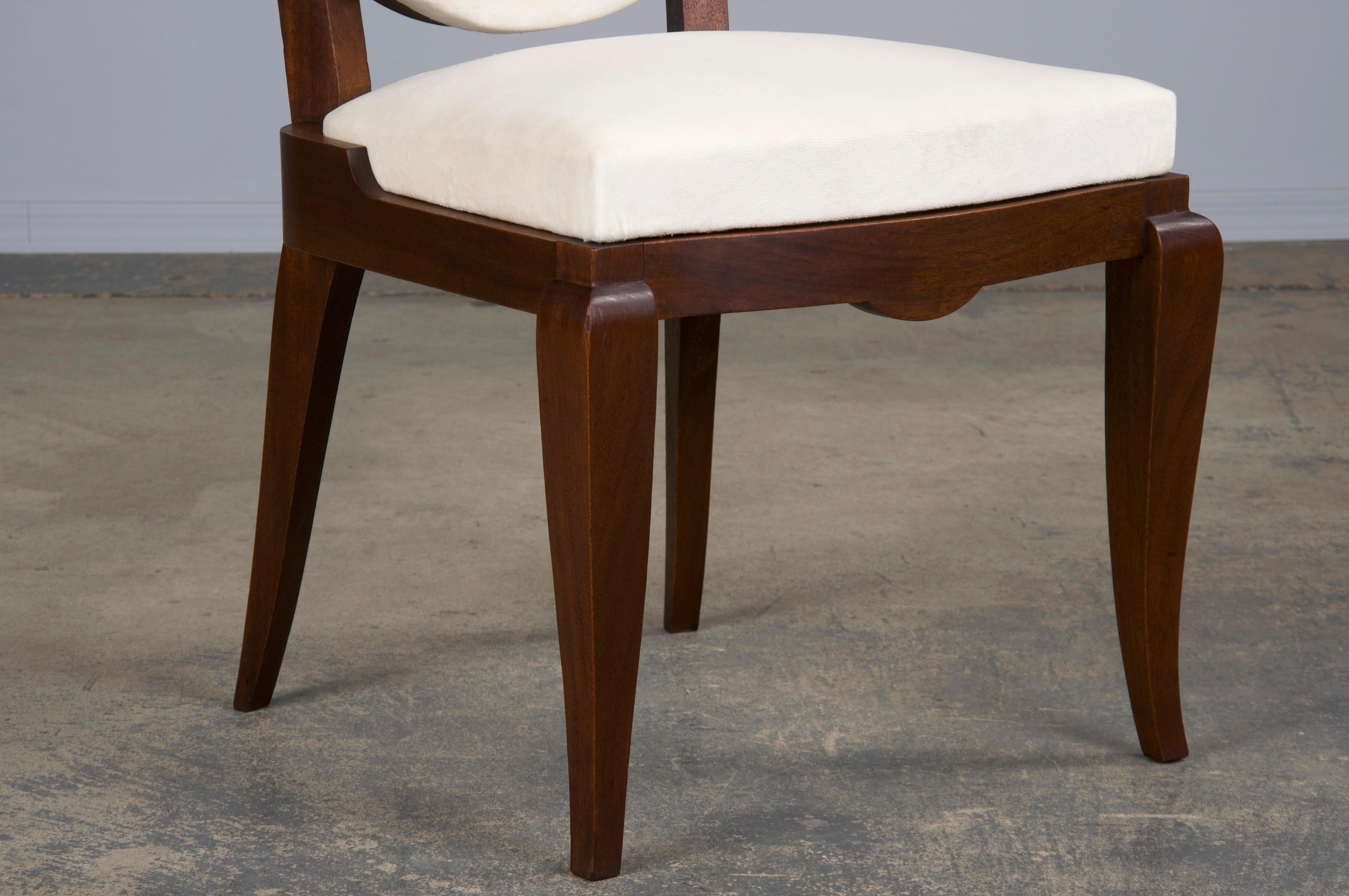 1920s French Art Deco Walnut Dining Chairs W/ Off-White Velvet - Set of 6 2