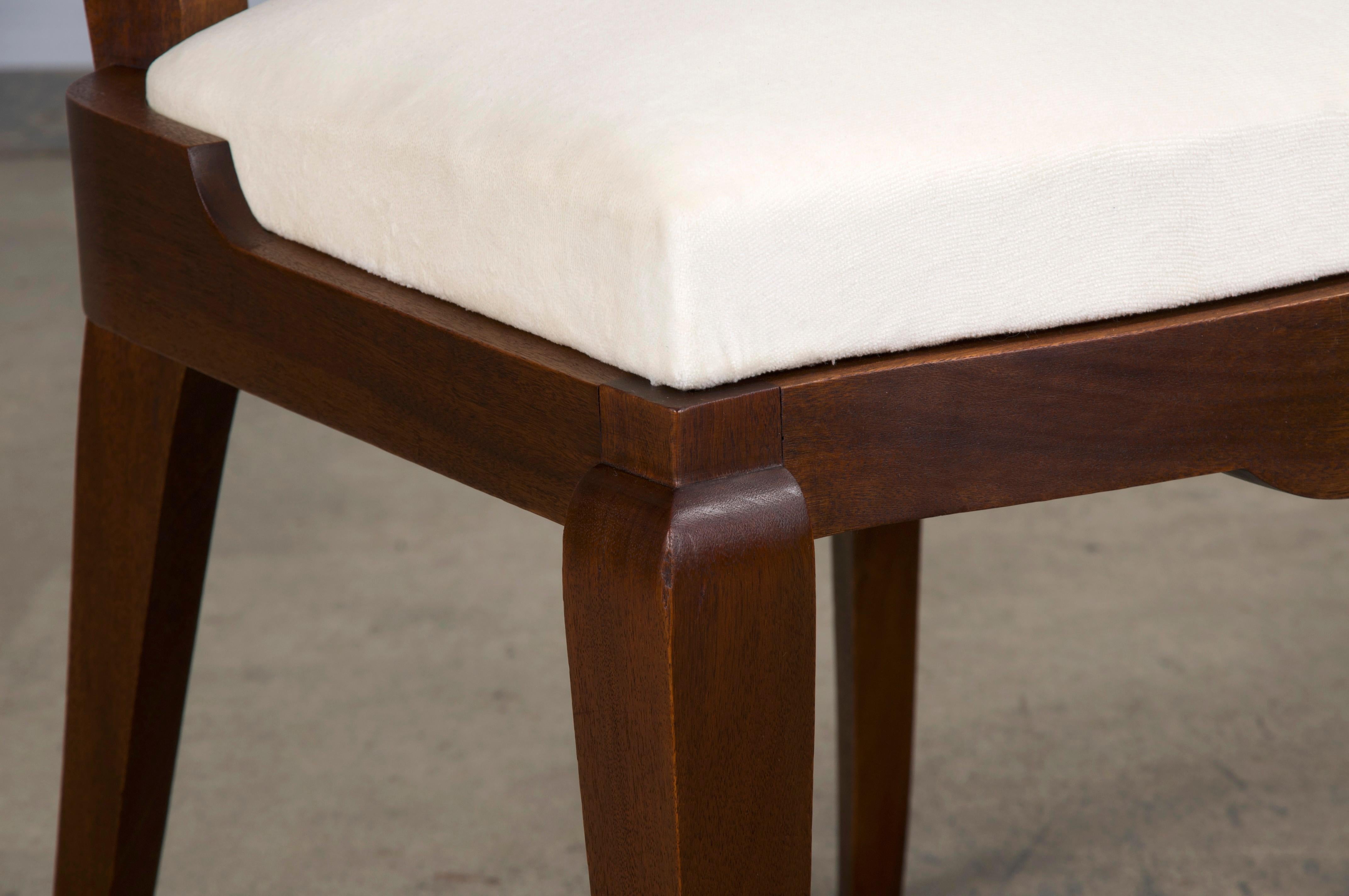 1920s French Art Deco Walnut Dining Chairs W/ Off-White Velvet - Set of 6 3