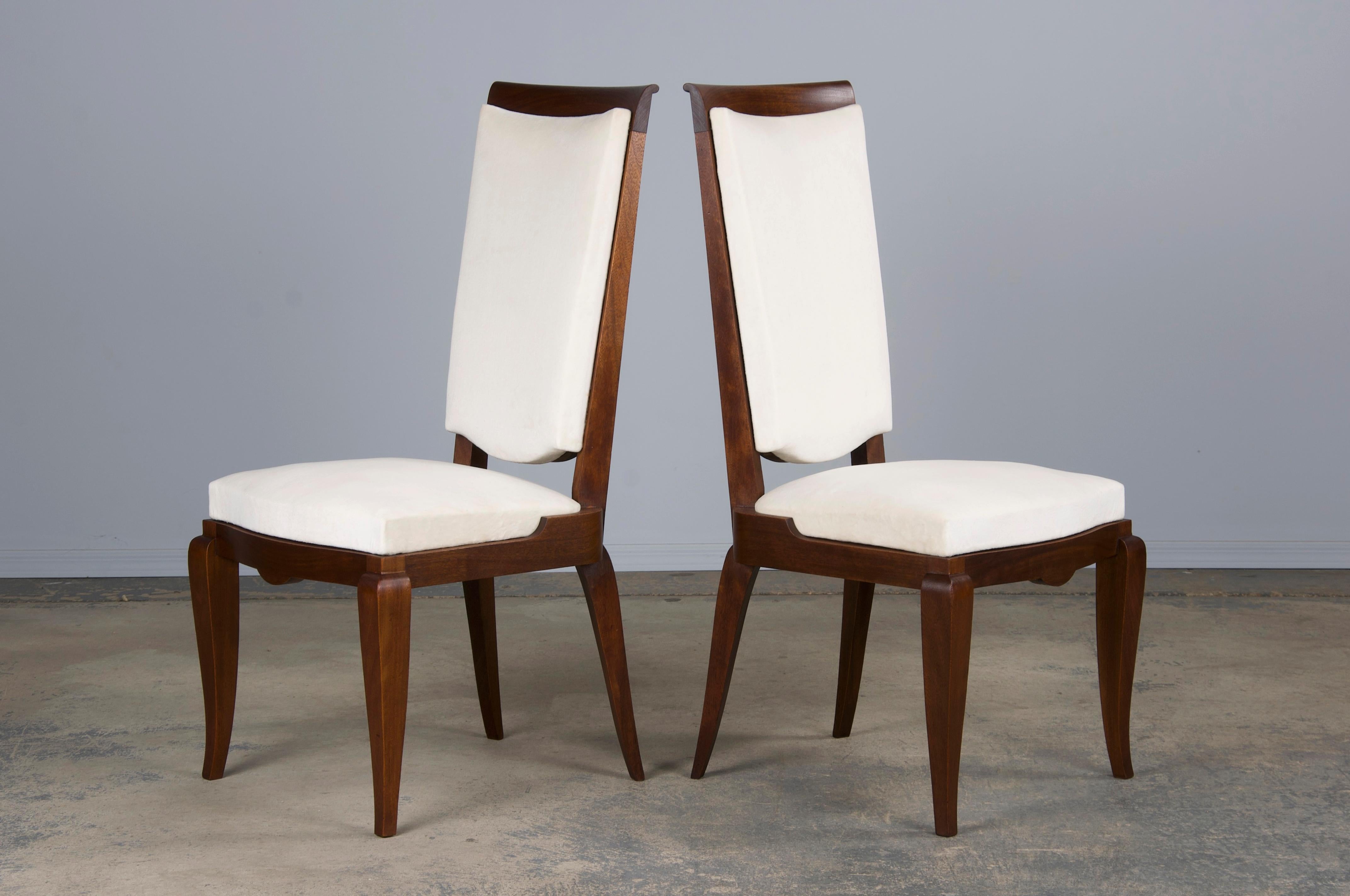 1920s French Art Deco Walnut Dining Chairs W/ Off-White Velvet - Set of 6 4