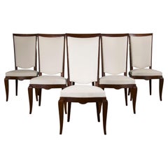 1920s French Art Deco Walnut Dining Chairs W/ Off-White Velvet - Set of 6