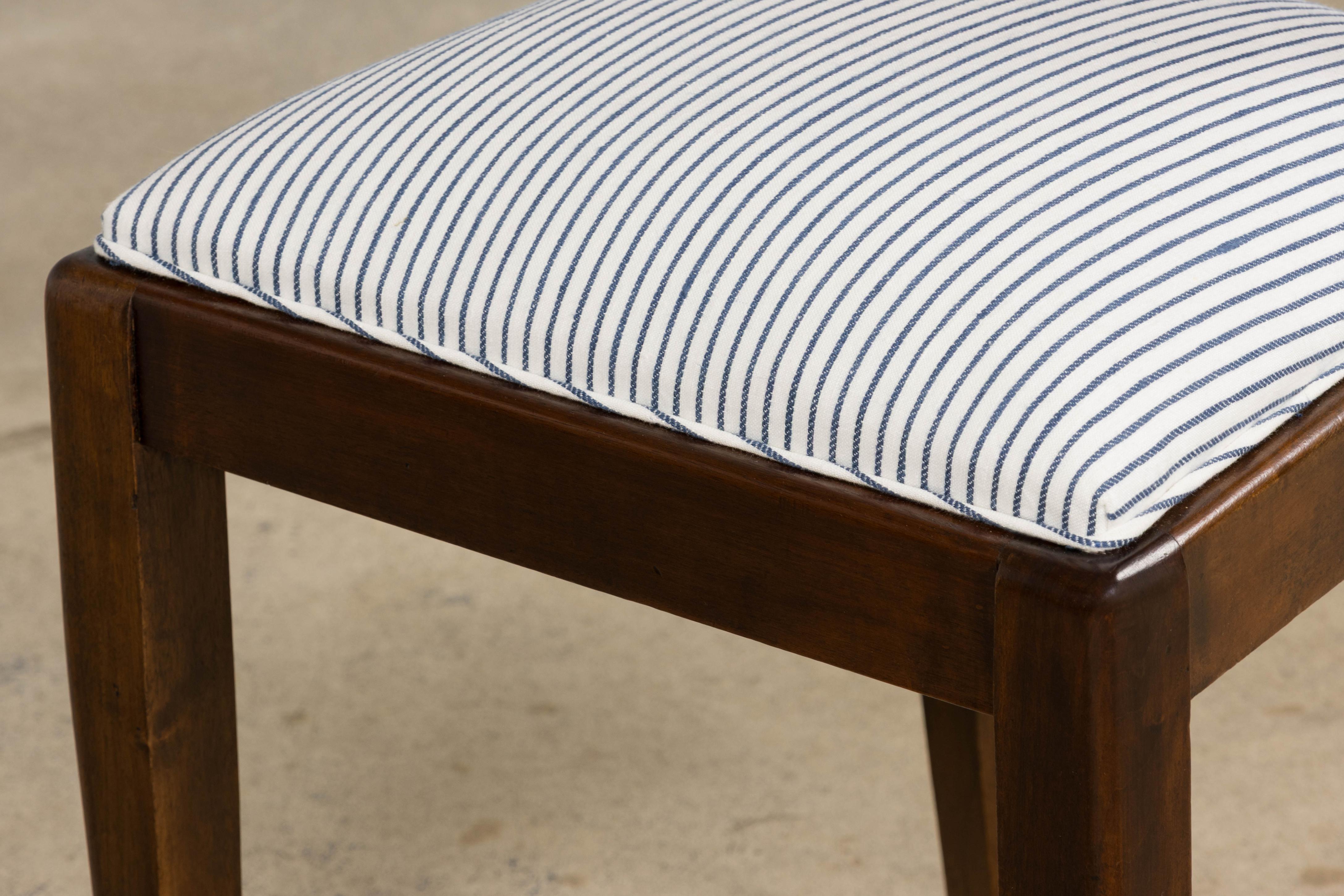 1920s French Art Deco Walnut Dining Chairs W/ Striped Linen - Set of 6 For Sale 4