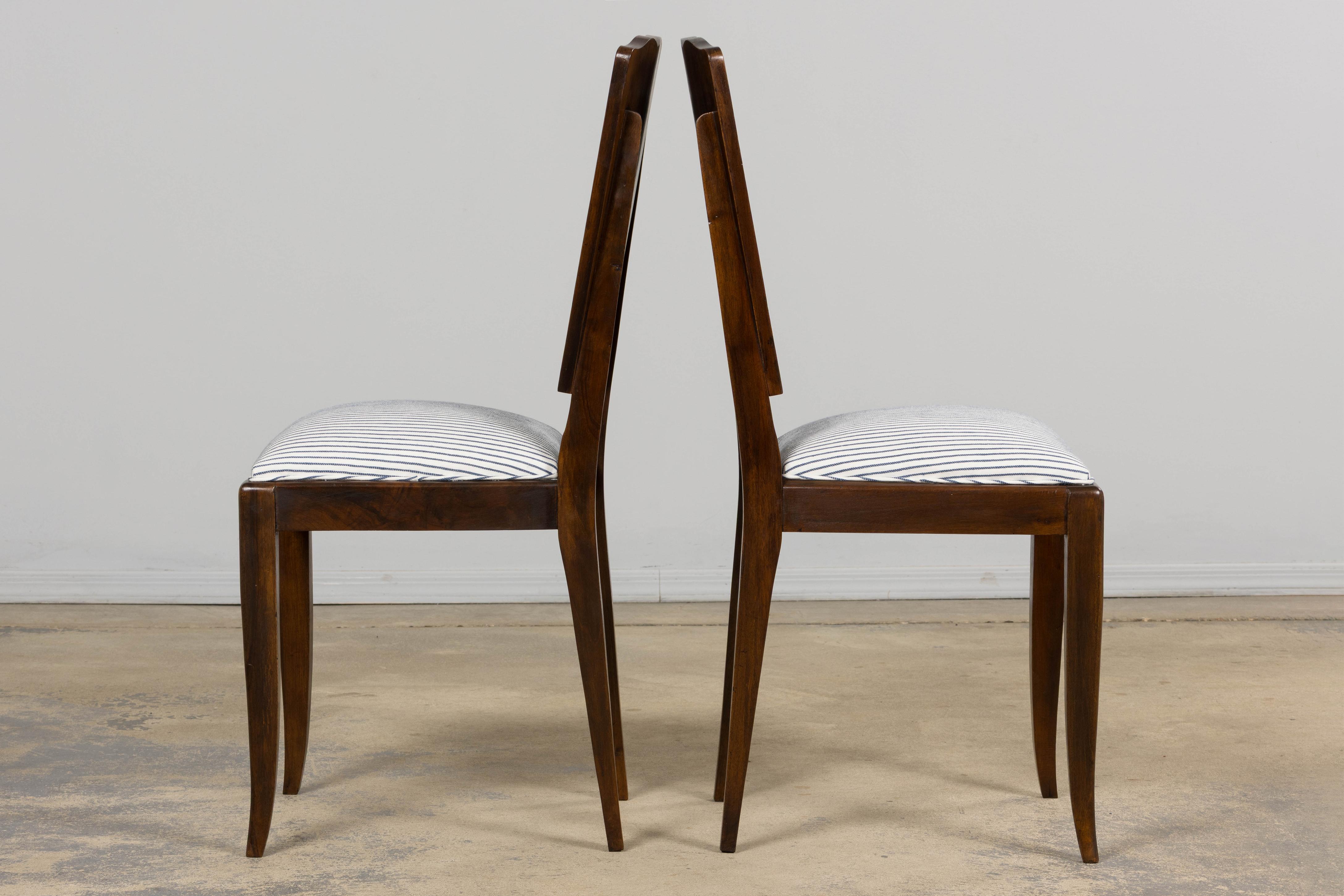 1920s French Art Deco Walnut Dining Chairs W/ Striped Linen - Set of 6 For Sale 5