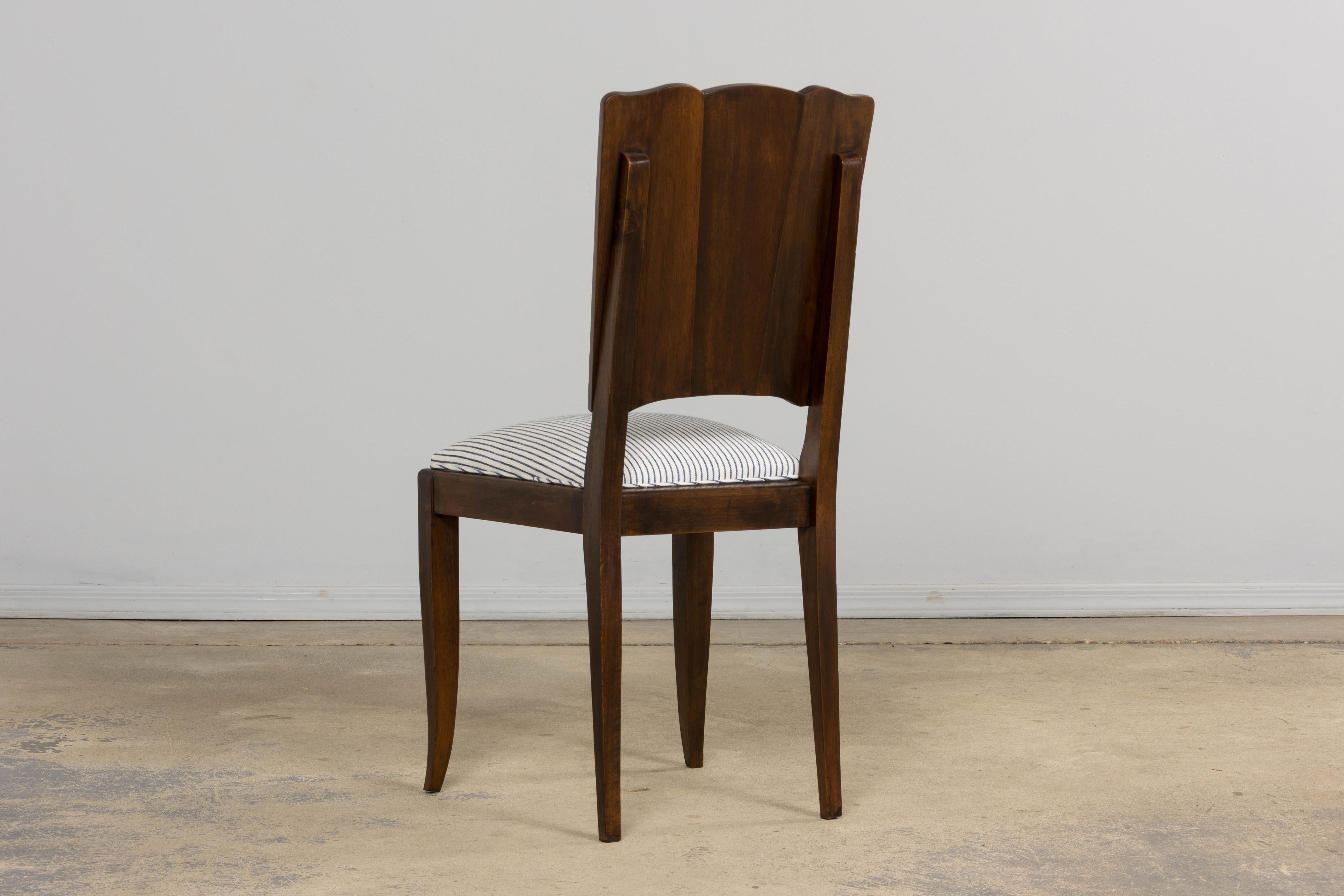 1920s French Art Deco Walnut Dining Chairs W/ Striped Linen - Set of 6 For Sale 6