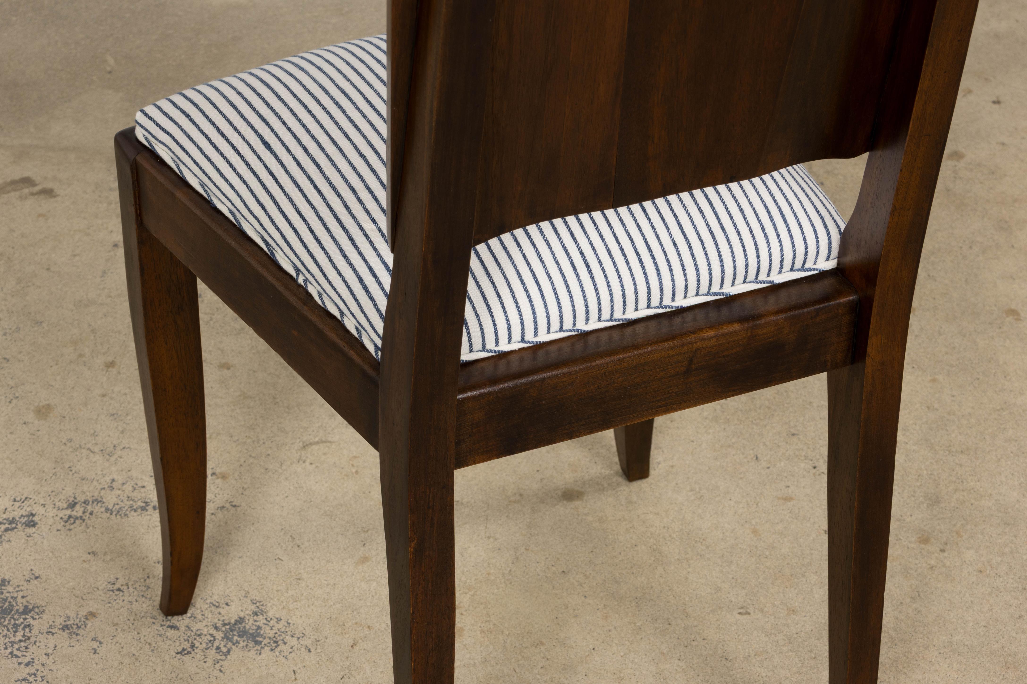 1920s French Art Deco Walnut Dining Chairs W/ Striped Linen - Set of 6 For Sale 7