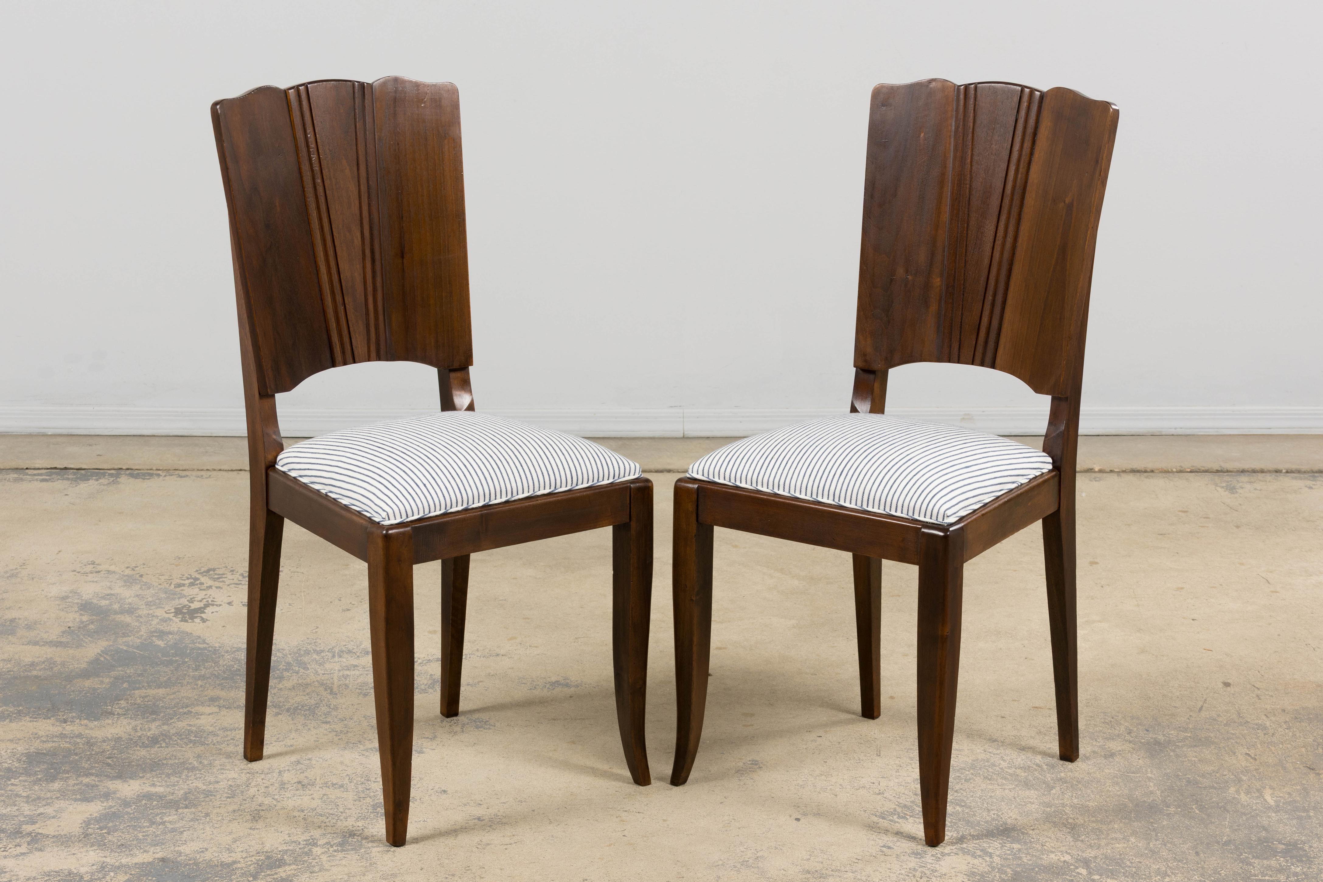 1920s French Art Deco Walnut Dining Chairs W/ Striped Linen - Set of 6 For Sale 9