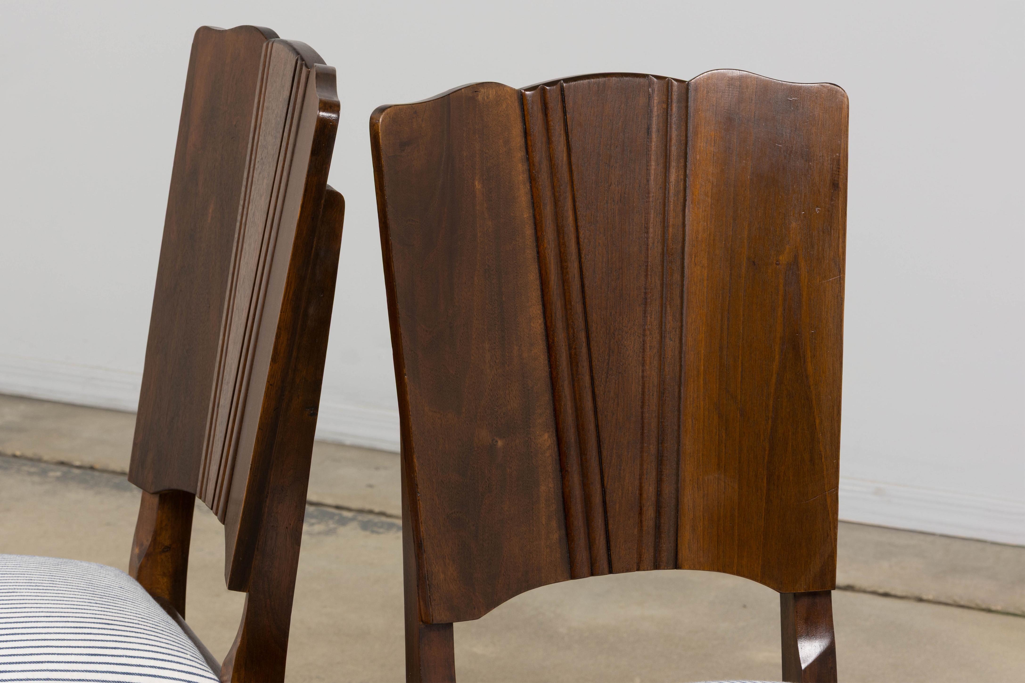 1920s French Art Deco Walnut Dining Chairs W/ Striped Linen - Set of 6 For Sale 10