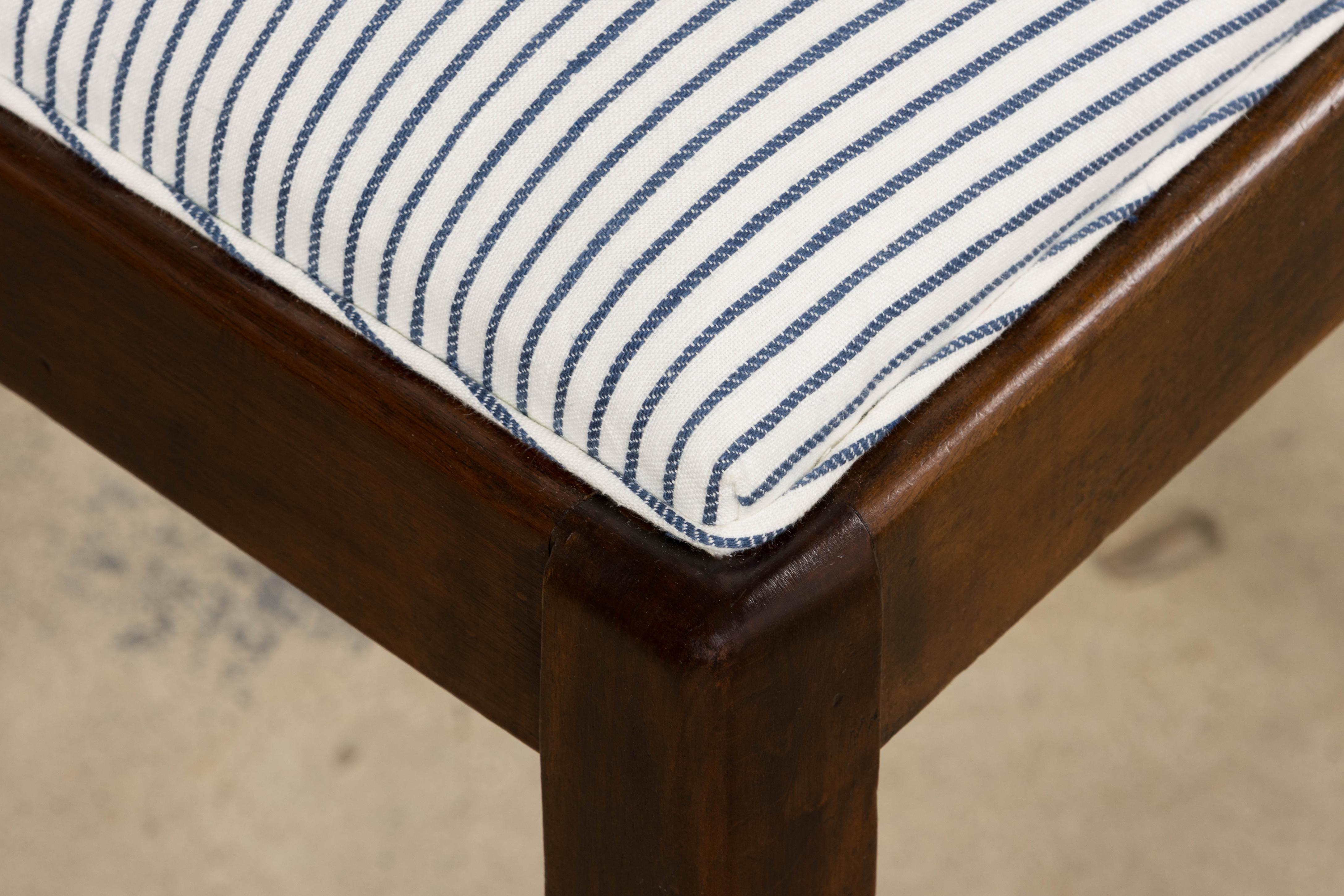 1920s French Art Deco Walnut Dining Chairs W/ Striped Linen - Set of 6 For Sale 11