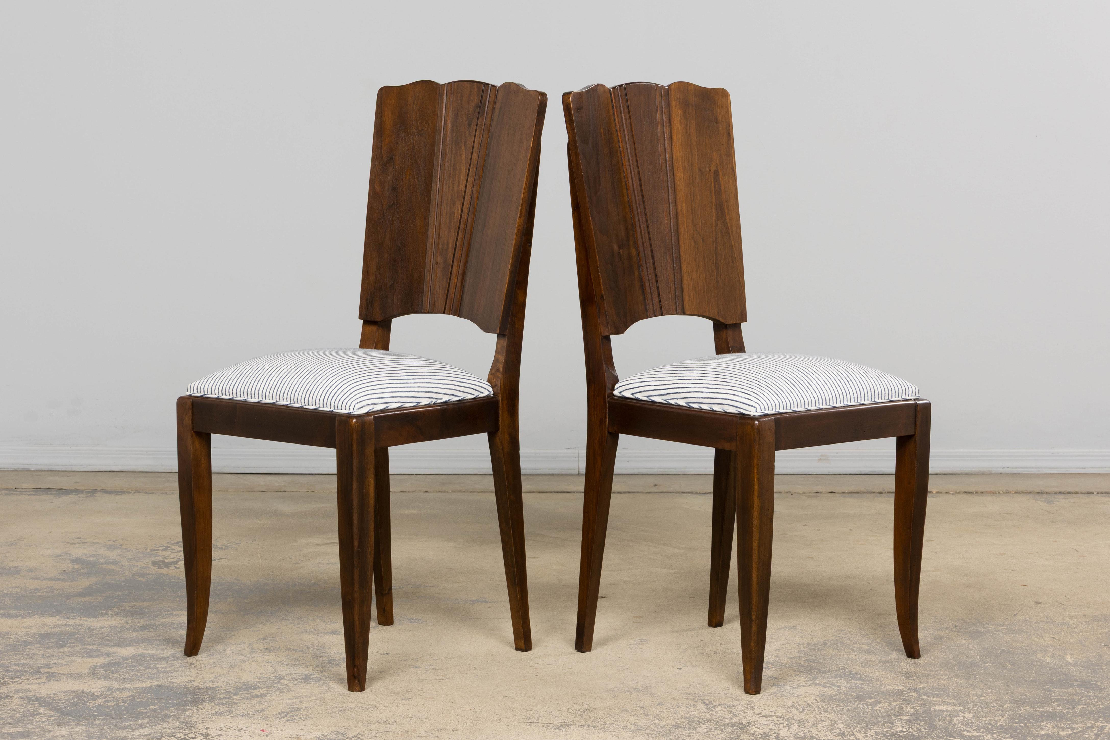 1920s French Art Deco Walnut Dining Chairs W/ Striped Linen - Set of 6 For Sale 12