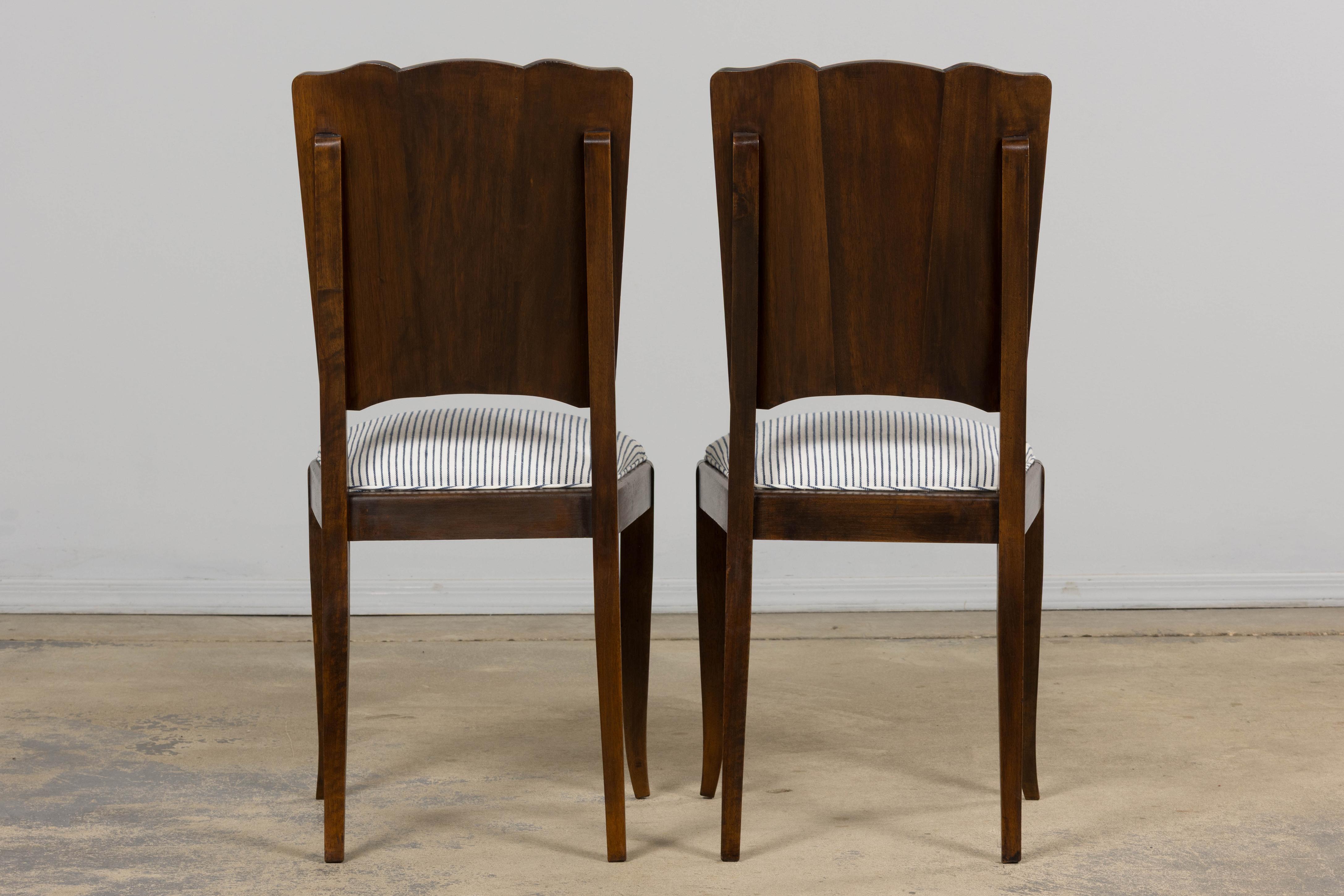 1920s French Art Deco Walnut Dining Chairs W/ Striped Linen - Set of 6 For Sale 13