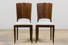 1920s French Art Deco Walnut Dining Chairs W/ Striped Linen - Set of 6