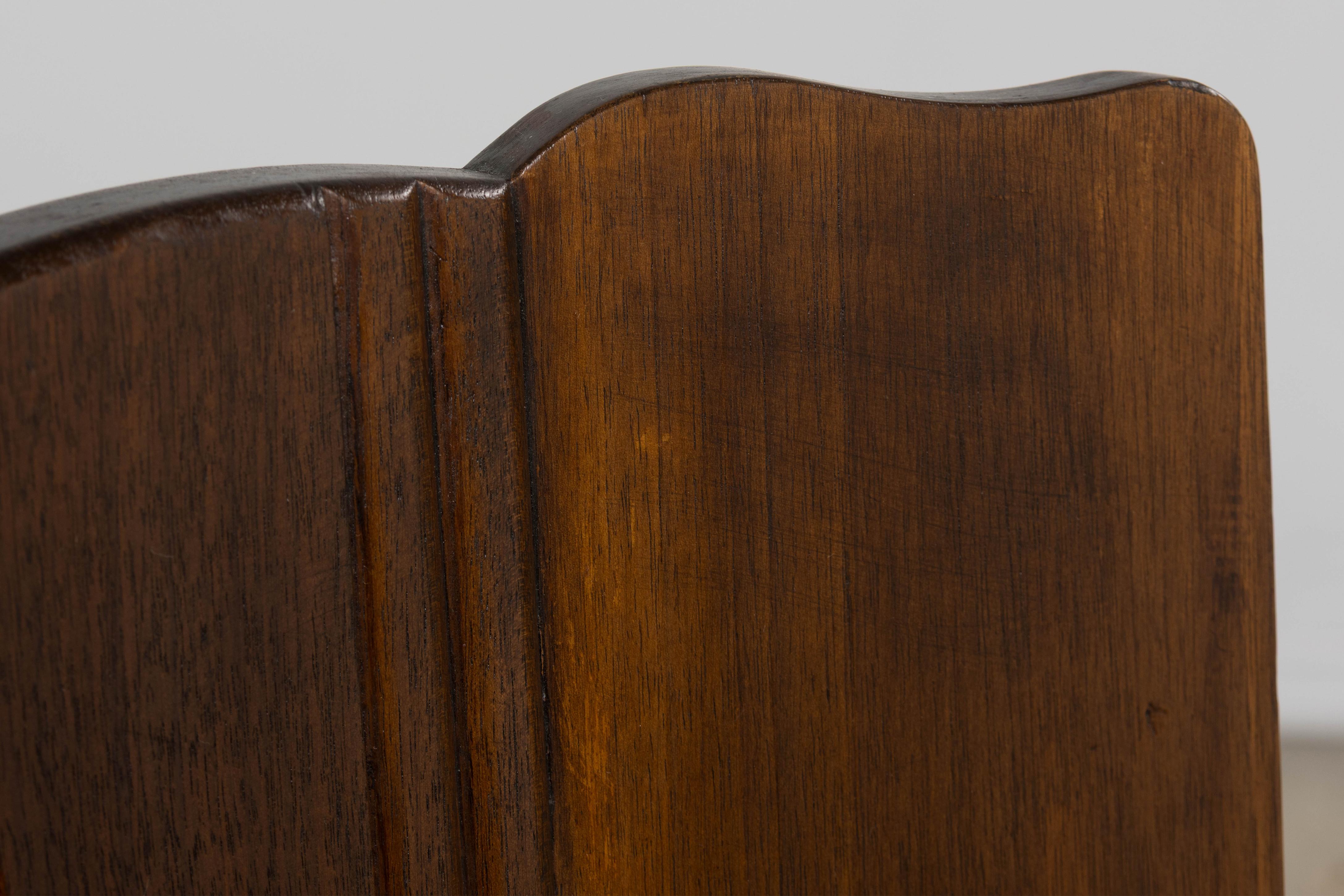 Hand-Carved 1920s French Art Deco Walnut Dining Chairs W/ Striped Linen - Set of 6 For Sale