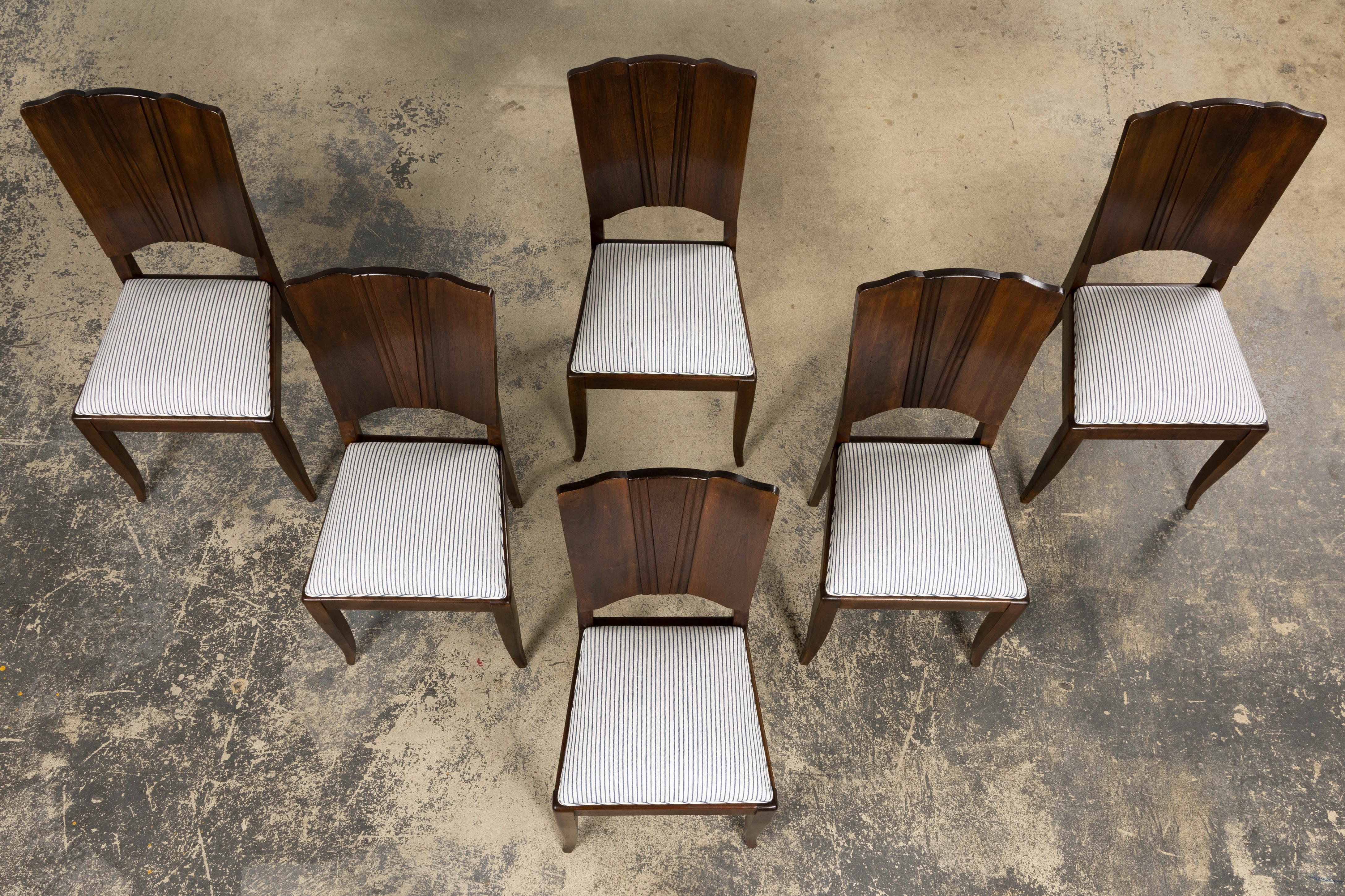 1920s French Art Deco Walnut Dining Chairs W/ Striped Linen - Set of 6 In Good Condition For Sale In Astoria, NY