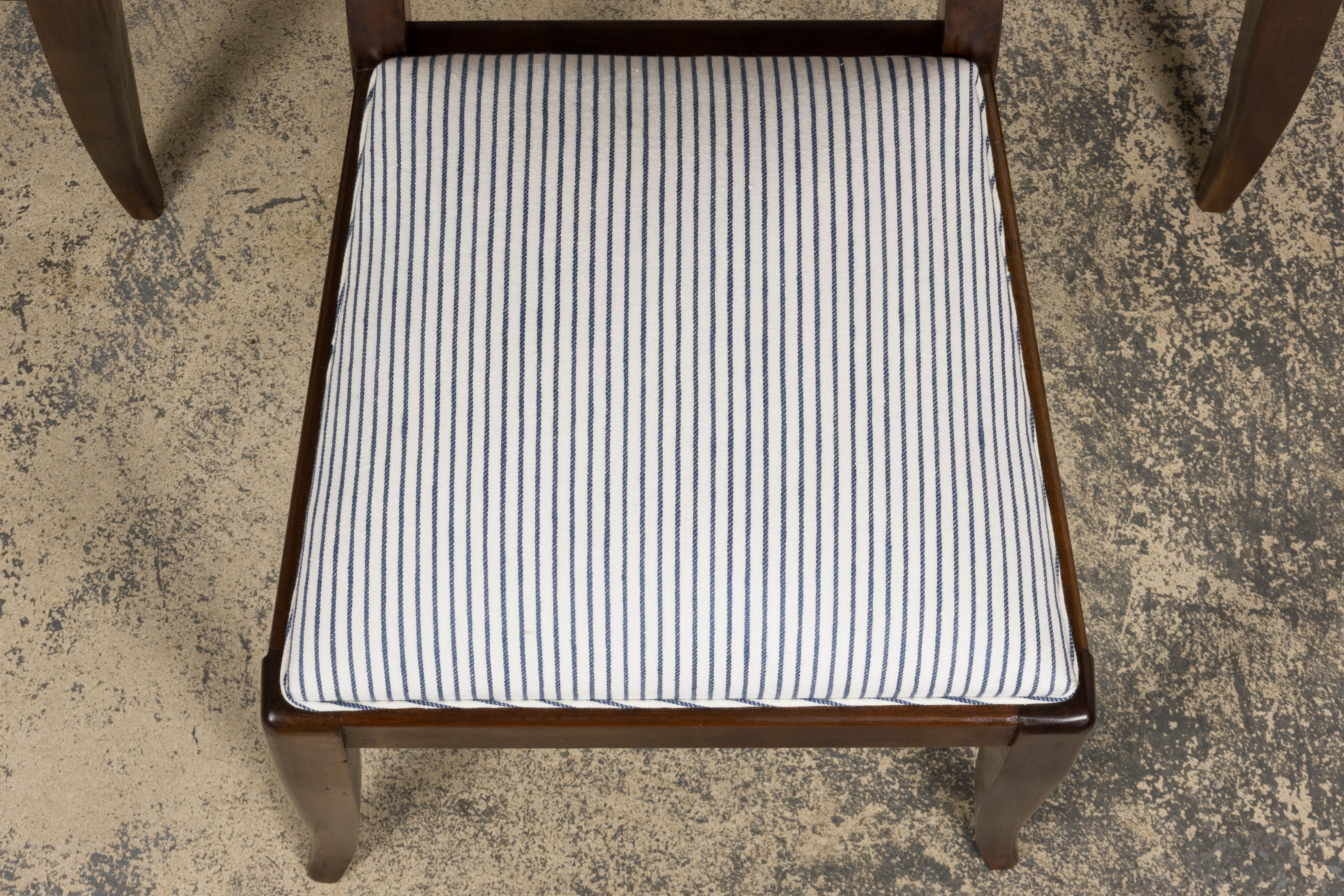 20th Century 1920s French Art Deco Walnut Dining Chairs W/ Striped Linen - Set of 6 For Sale