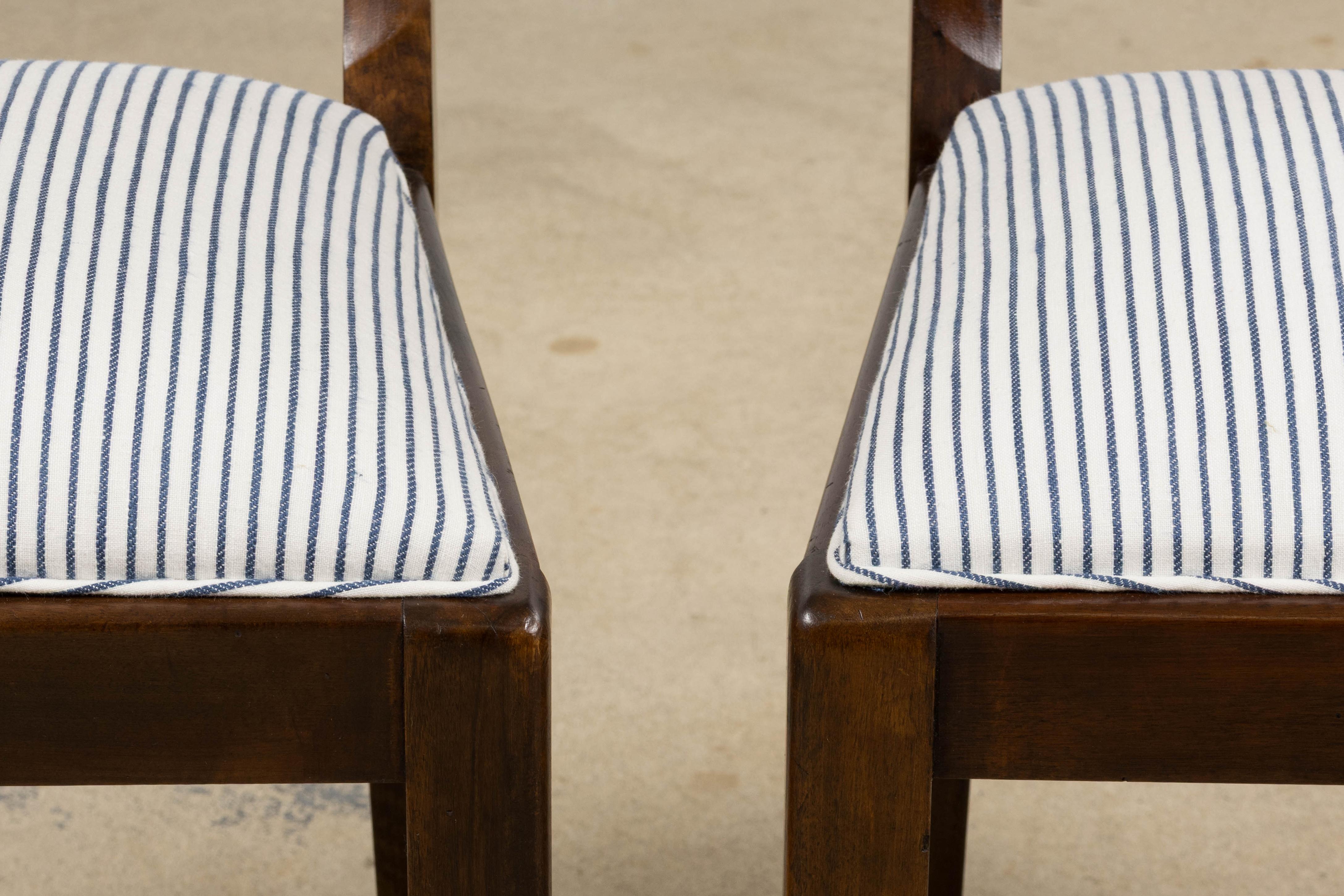 Fabric 1920s French Art Deco Walnut Dining Chairs W/ Striped Linen - Set of 6 For Sale