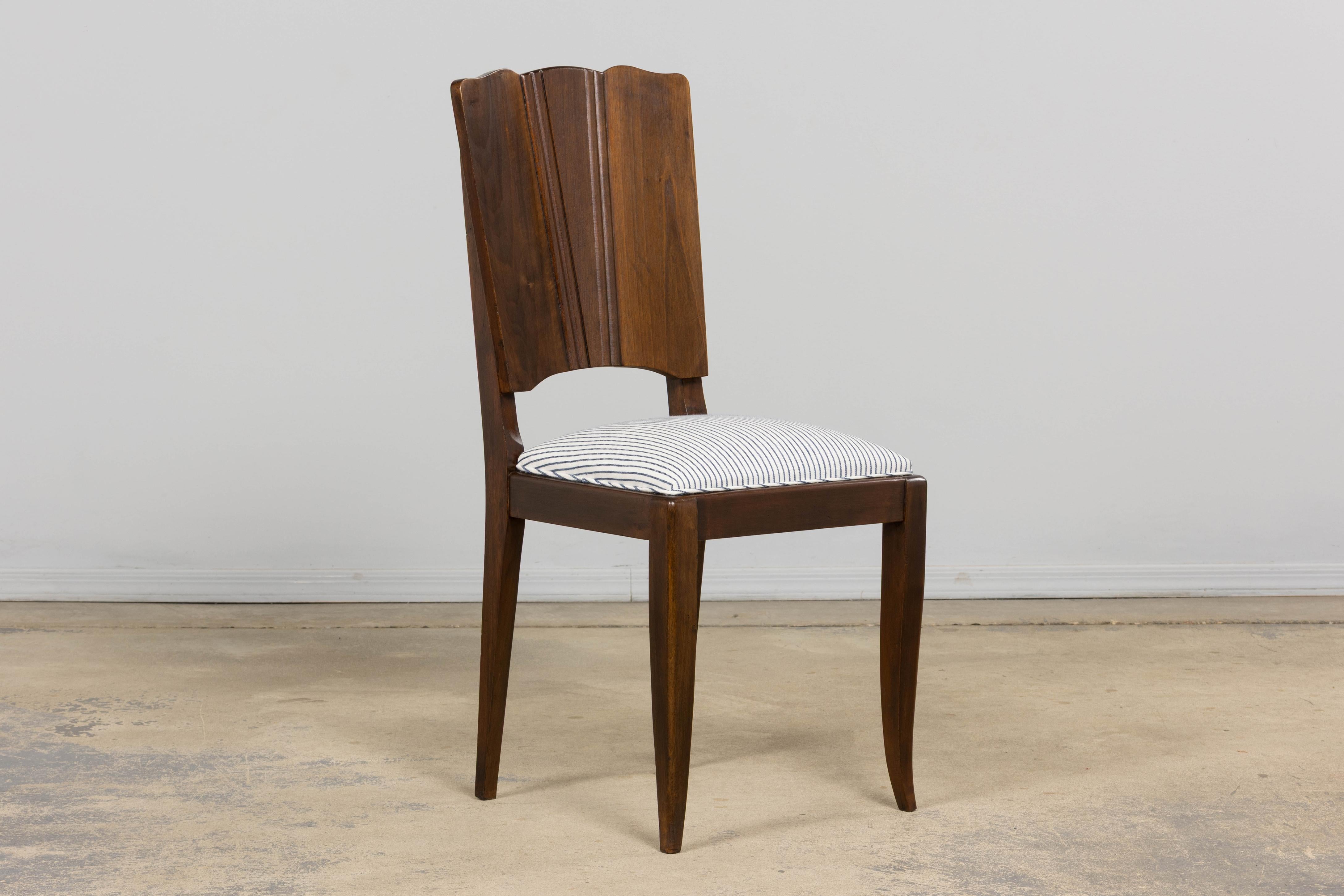 1920s French Art Deco Walnut Dining Chairs W/ Striped Linen - Set of 6 For Sale 1