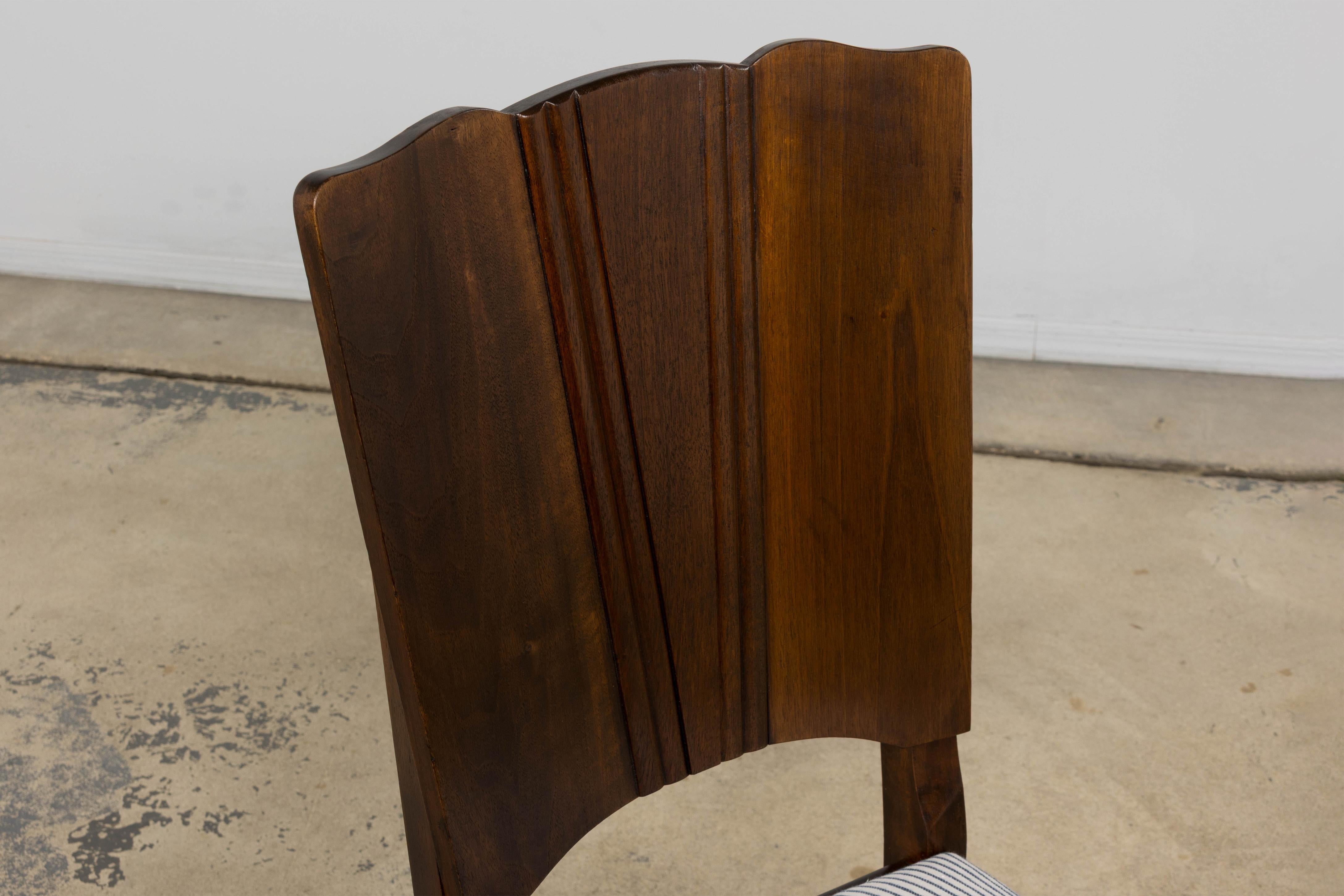 1920s French Art Deco Walnut Dining Chairs W/ Striped Linen - Set of 6 For Sale 2