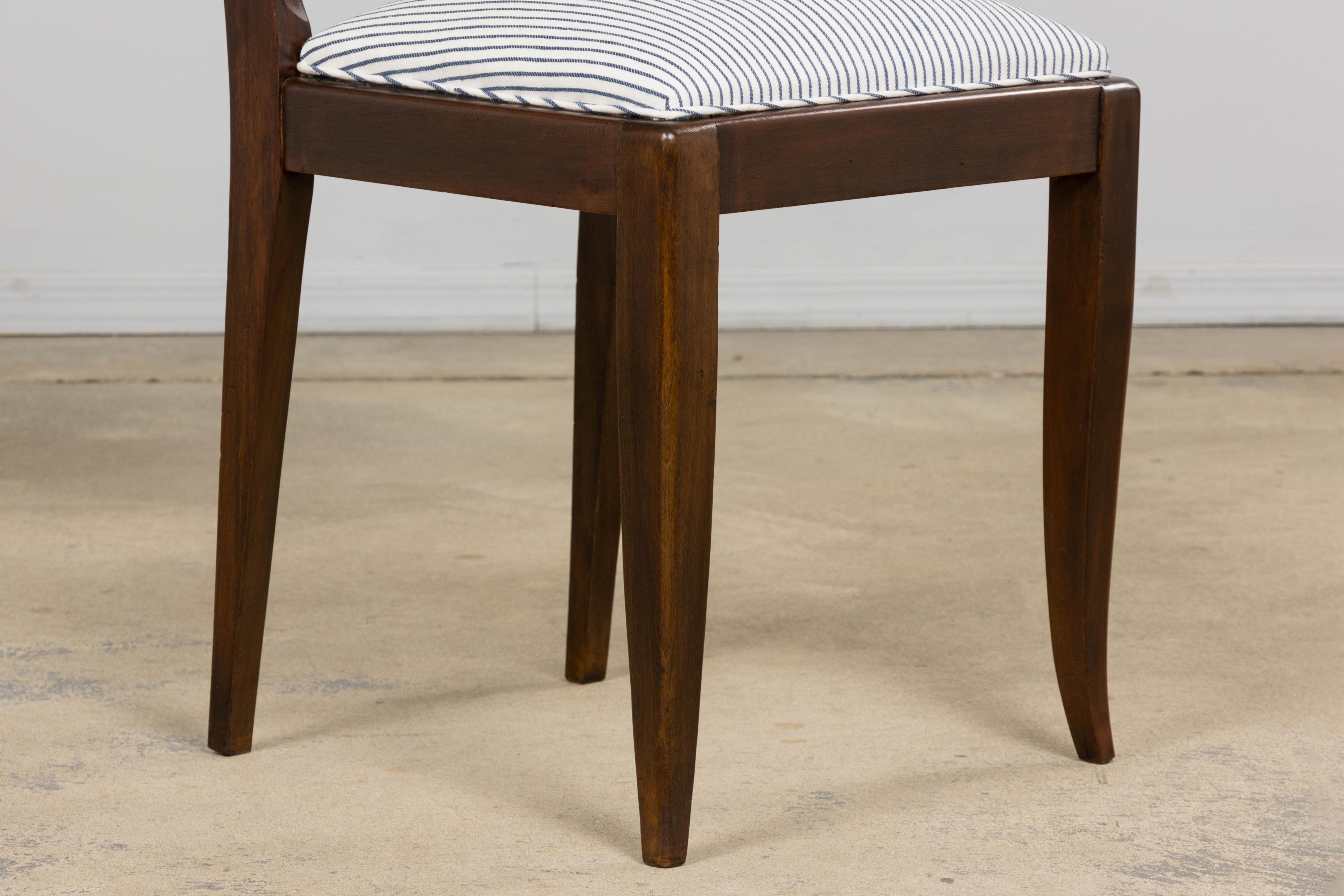 1920s French Art Deco Walnut Dining Chairs W/ Striped Linen - Set of 6 For Sale 3