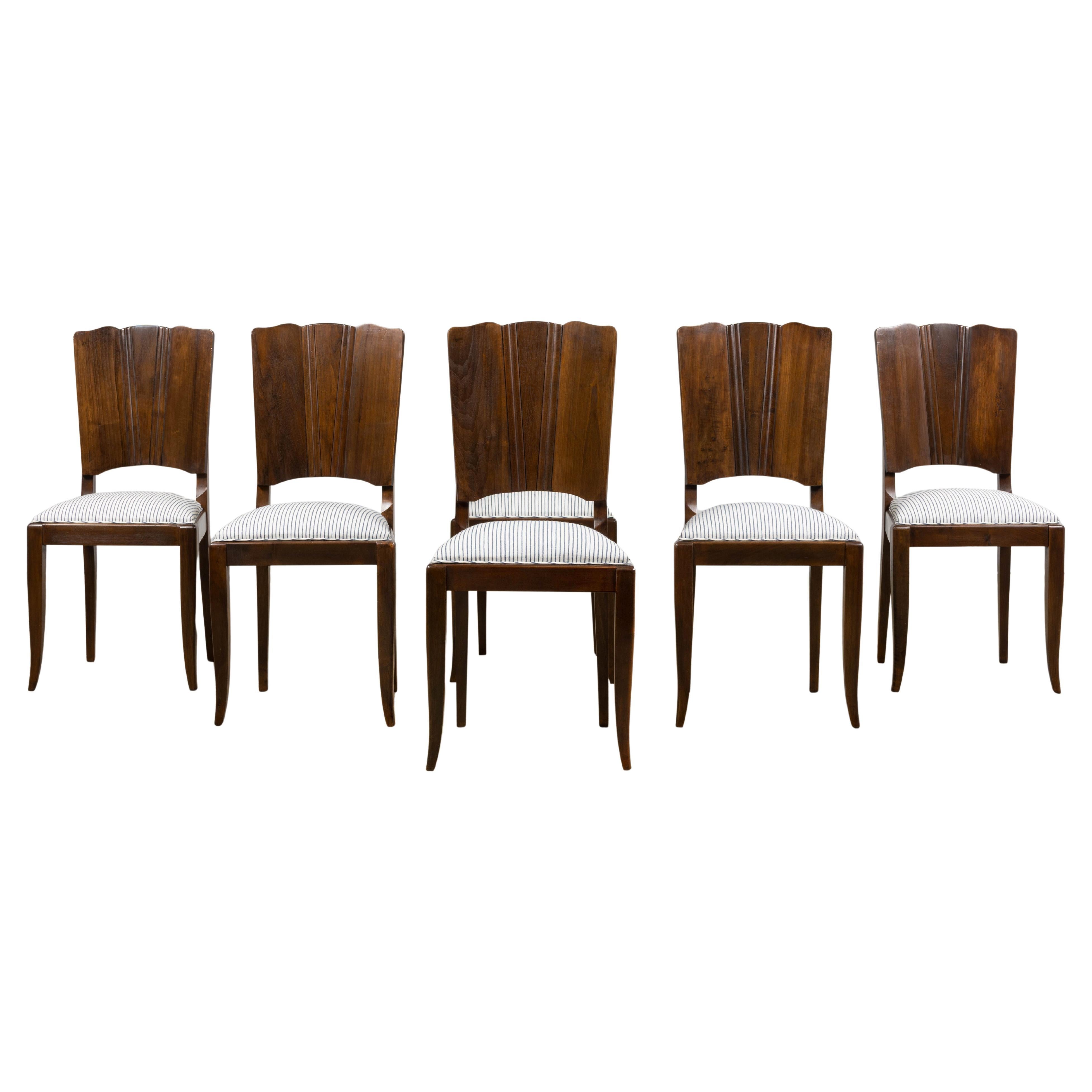 1920s French Art Deco Walnut Dining Chairs W/ Striped Linen - Set of 6