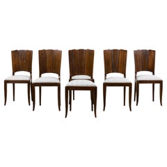 1920s French Art Deco Walnut Dining Chairs W/ Striped Linen - Set of 6