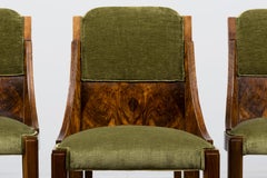 1920s French Art Deco Walnut Gondola Dining Chairs in Olive Green - Set of 8