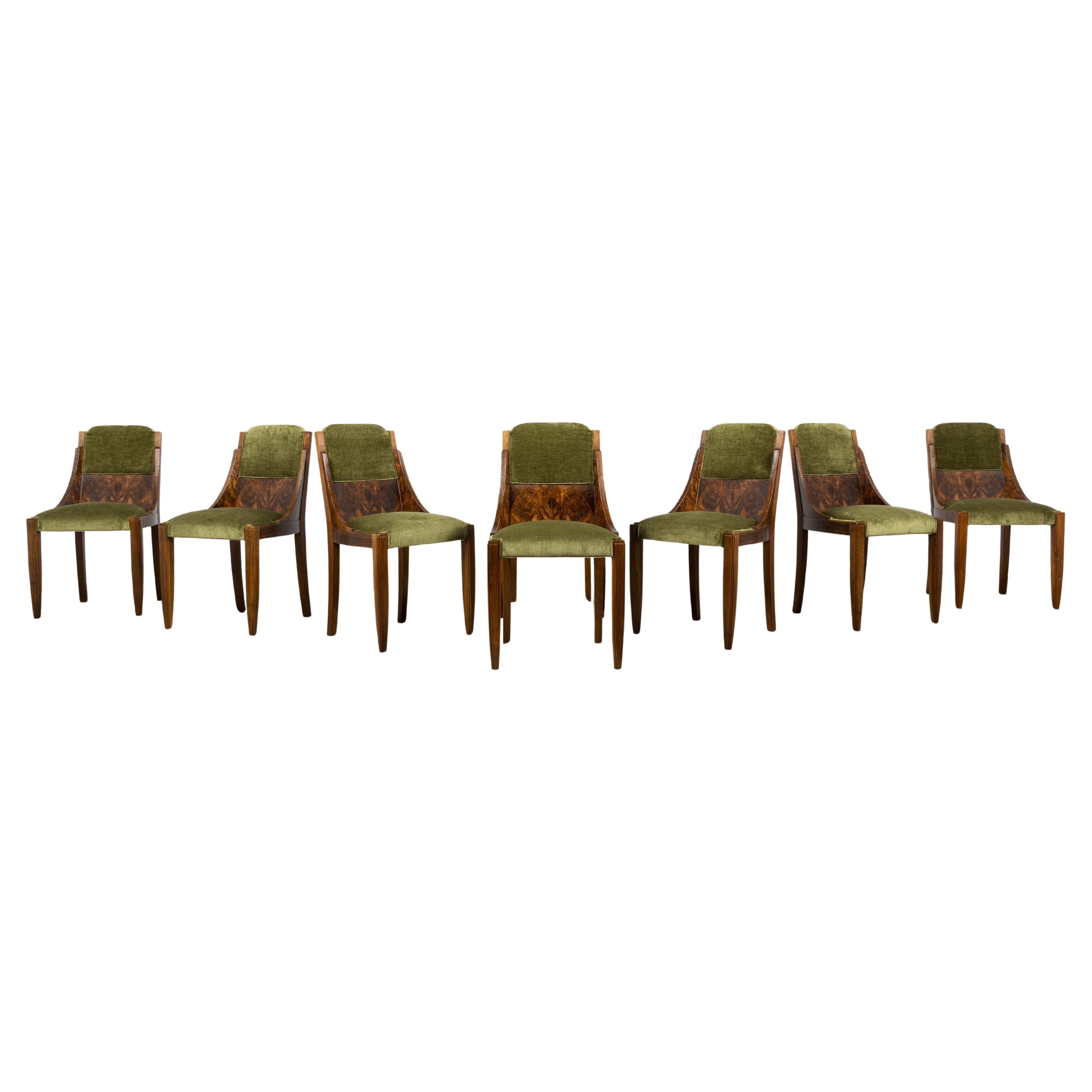 1920s French Art Deco Walnut Gondola Dining Chairs in Olive Green - Set of 8