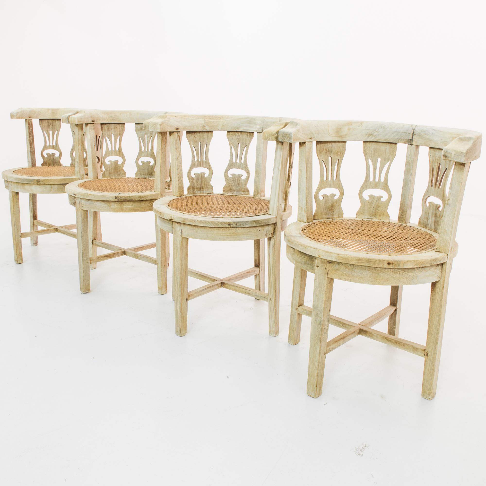 Straw 1920s French Art Deco Wooden Captain's Chairs, Set of Four
