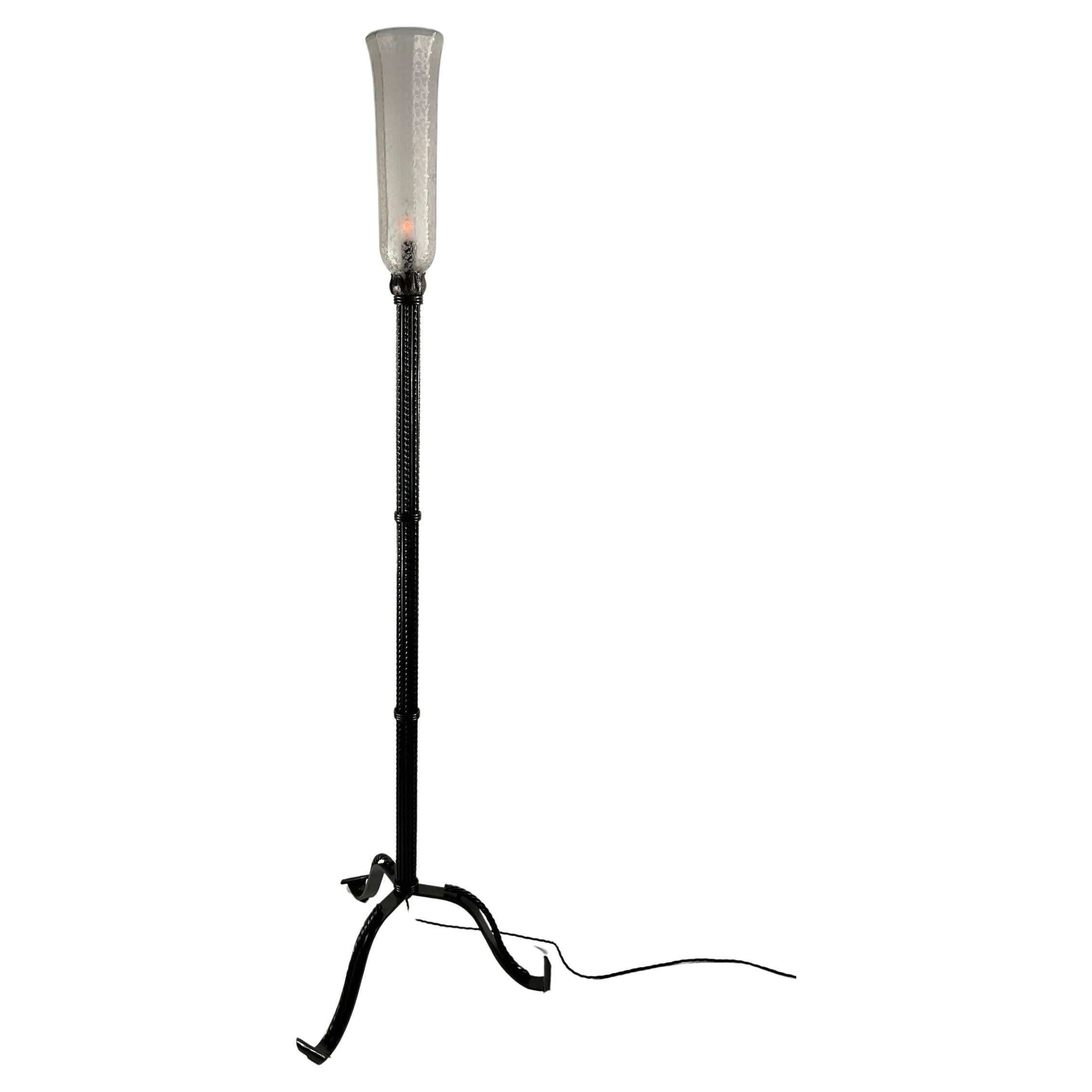 1920s French Art Deco Wrought Iron Floor Lamp with Frosted Glass Shade For Sale