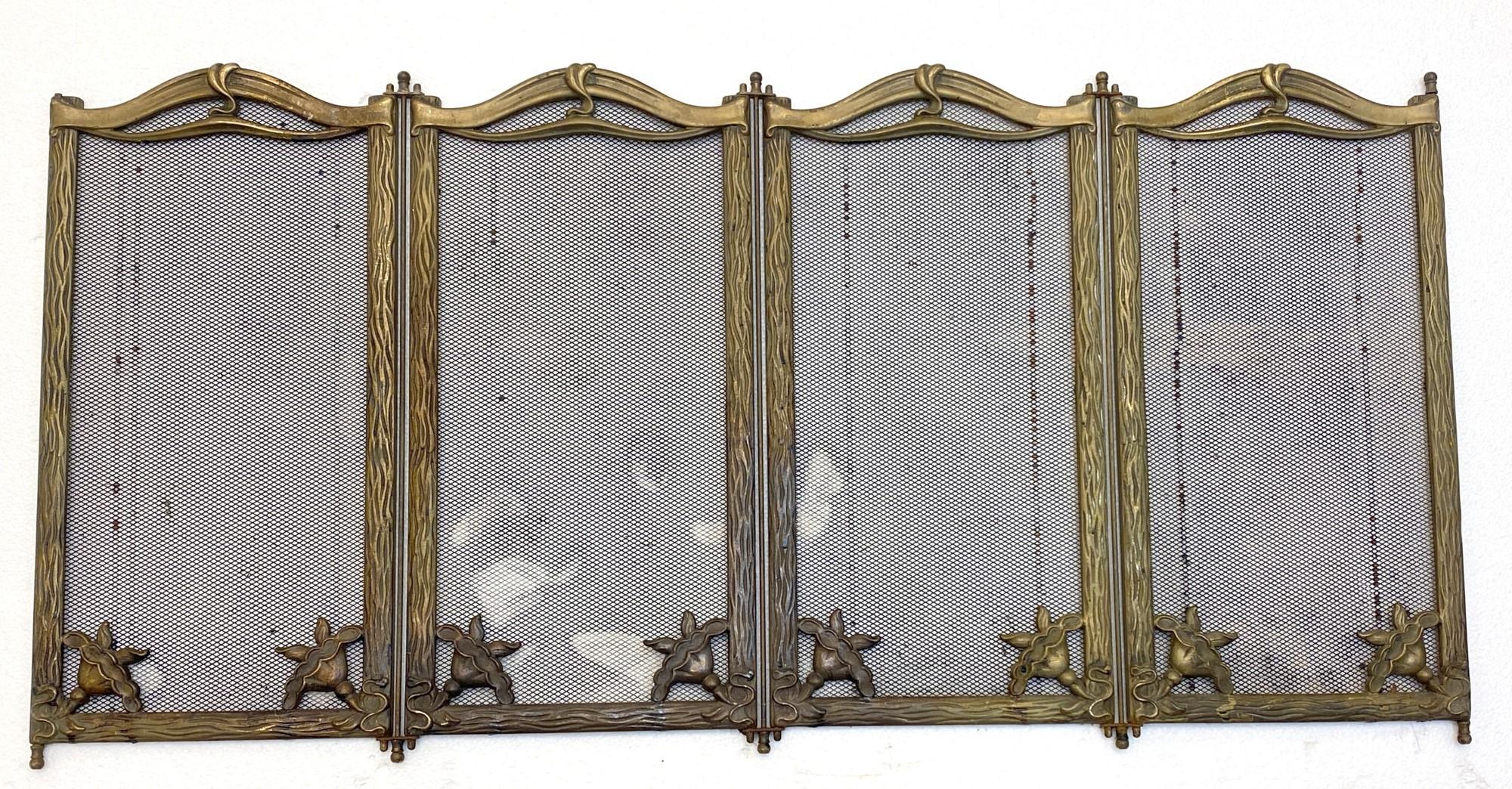 European 1920s French Art Nouveau 4 Section Steel & Brass Floral Detail Fireplace Screen