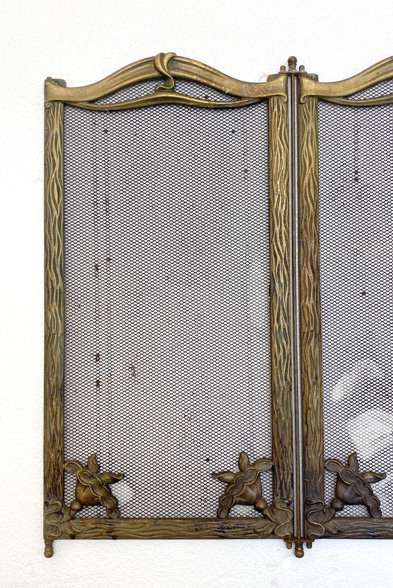 1920s French Art Nouveau 4 Section Steel & Brass Floral Detail Fireplace Screen 2