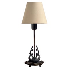 1920s french Art Nouveau table lamp in patinated black cast bronze, linen shade.