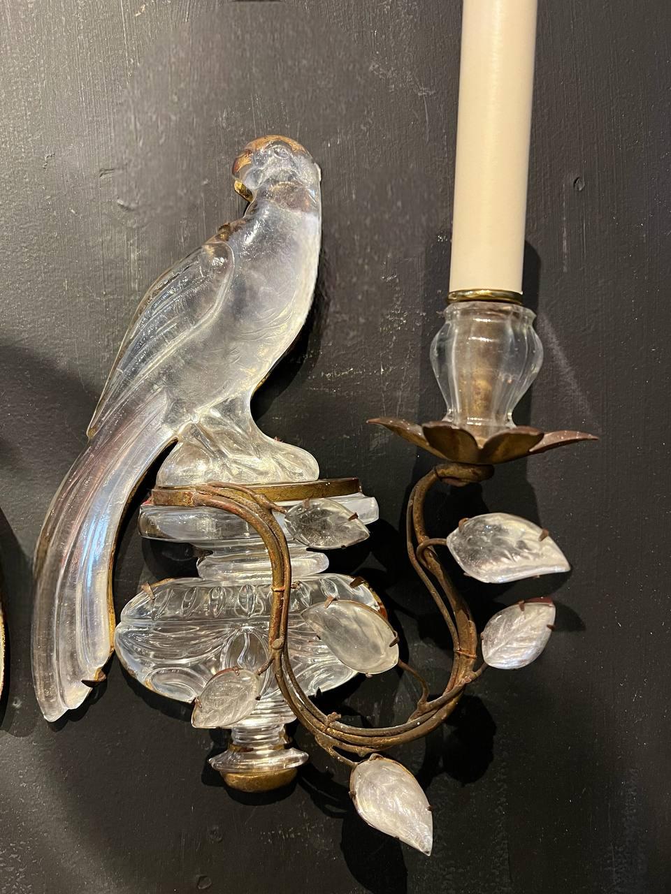 Circa 1920's French Bagues gilt metal and crystal birds sconces with 1 light