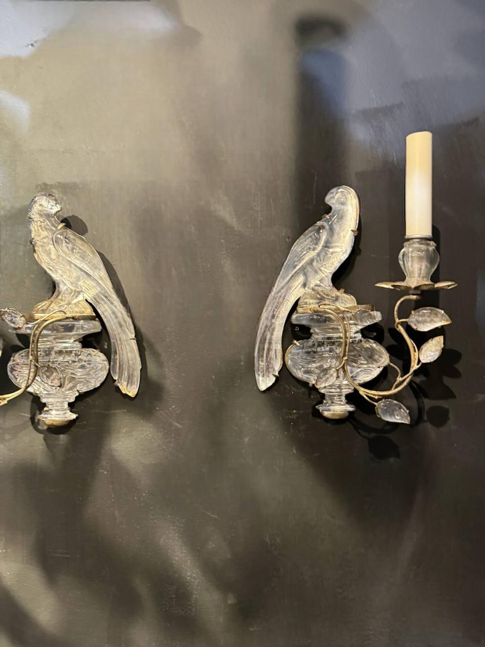 French Provincial 1920's French Bagues Bird Sconces with 1 Light Silver Leaf For Sale
