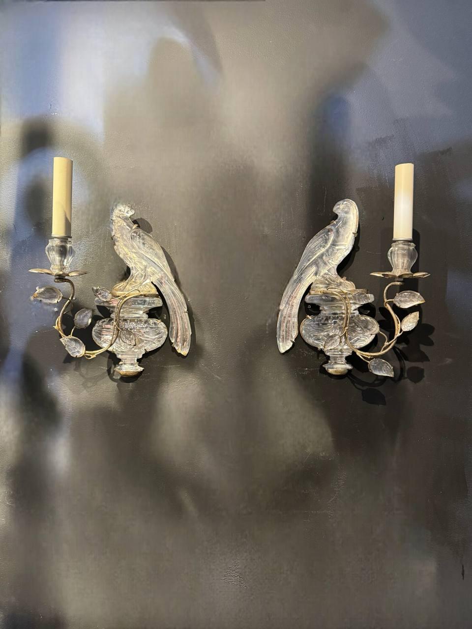 Silvered 1920's French Bagues Bird Sconces with 1 Light Silver Leaf For Sale