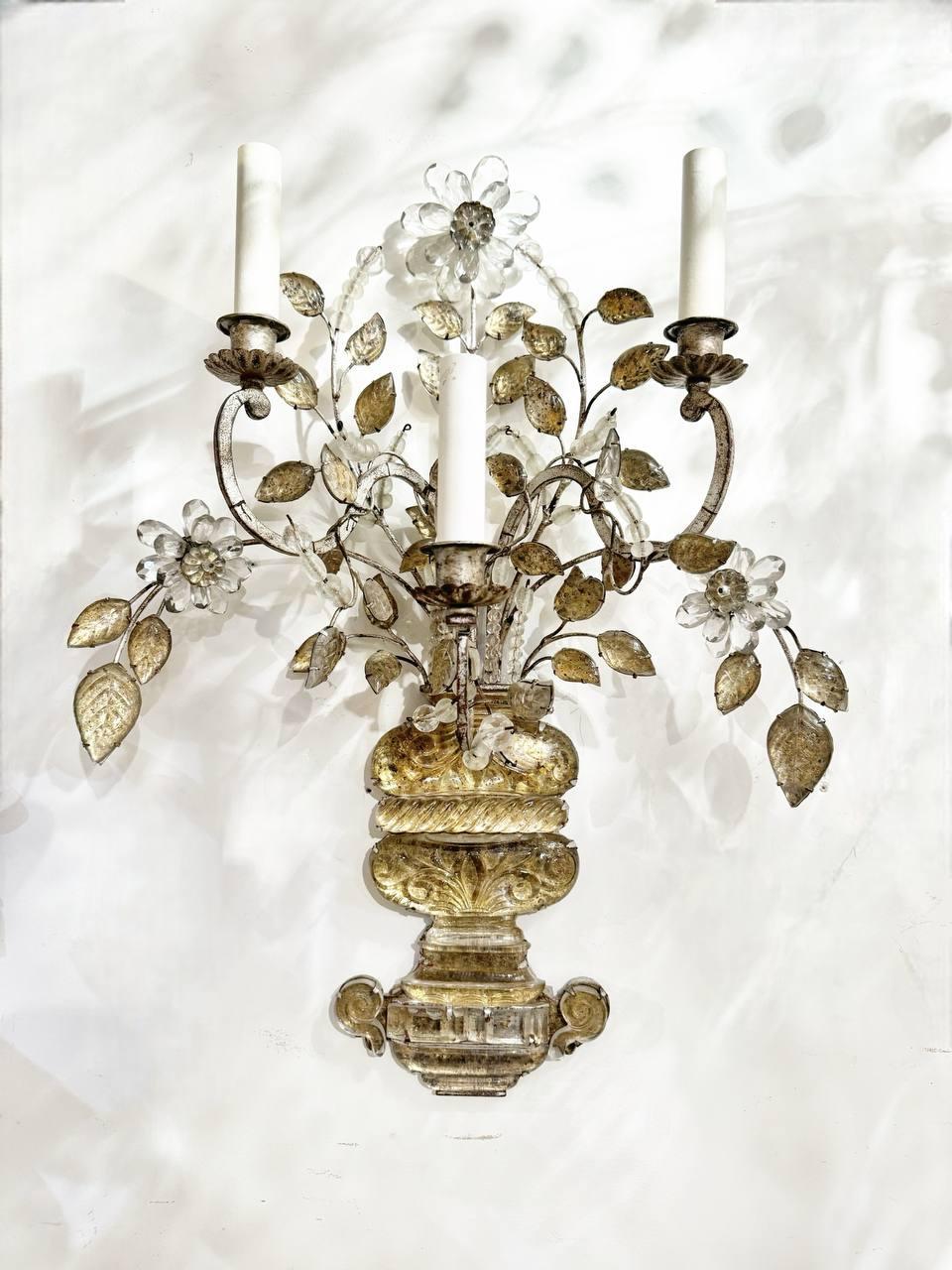 Francese Grande applique a tre luci in foglia d'argento Bagues francese degli anni '20 in vendita
