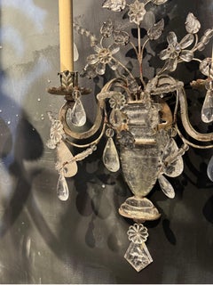1920s French Bagues Silver Leaf Sconces with Rock Crystals