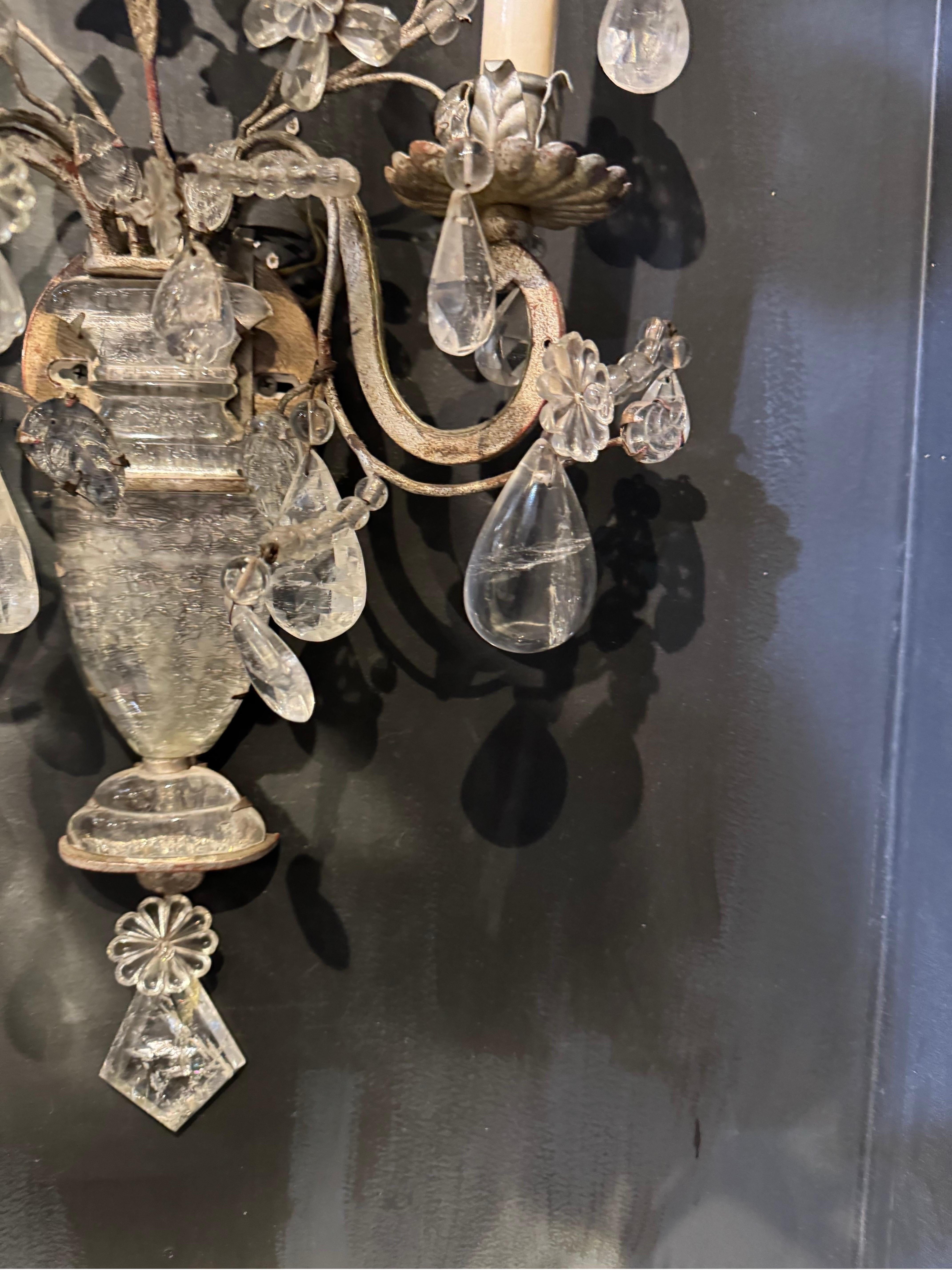 Stile provenzale Sconcese a foglia d'argento Bagues francese degli anni '20 con cristalli di rocca in vendita