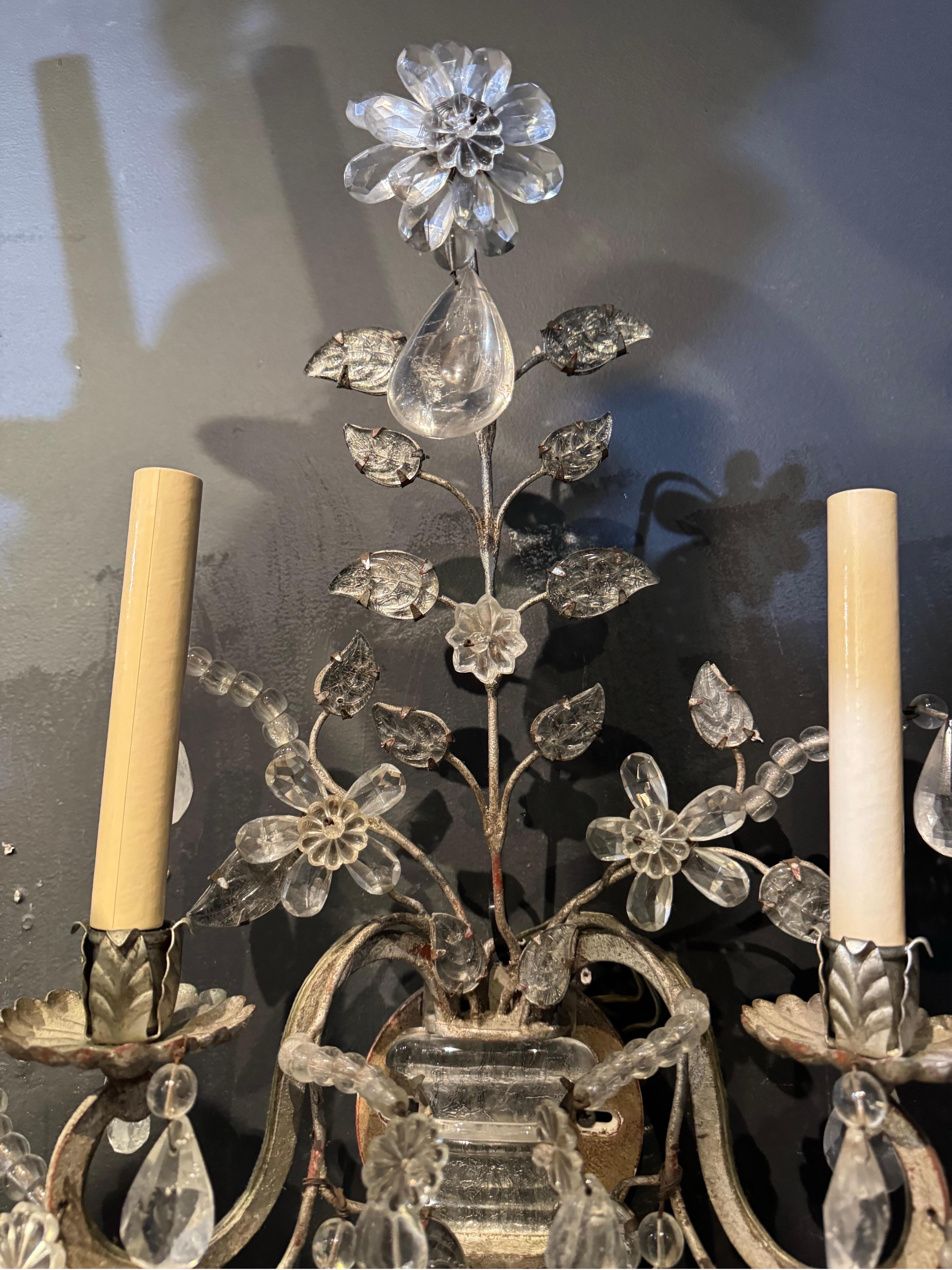 Francese Sconcese a foglia d'argento Bagues francese degli anni '20 con cristalli di rocca in vendita