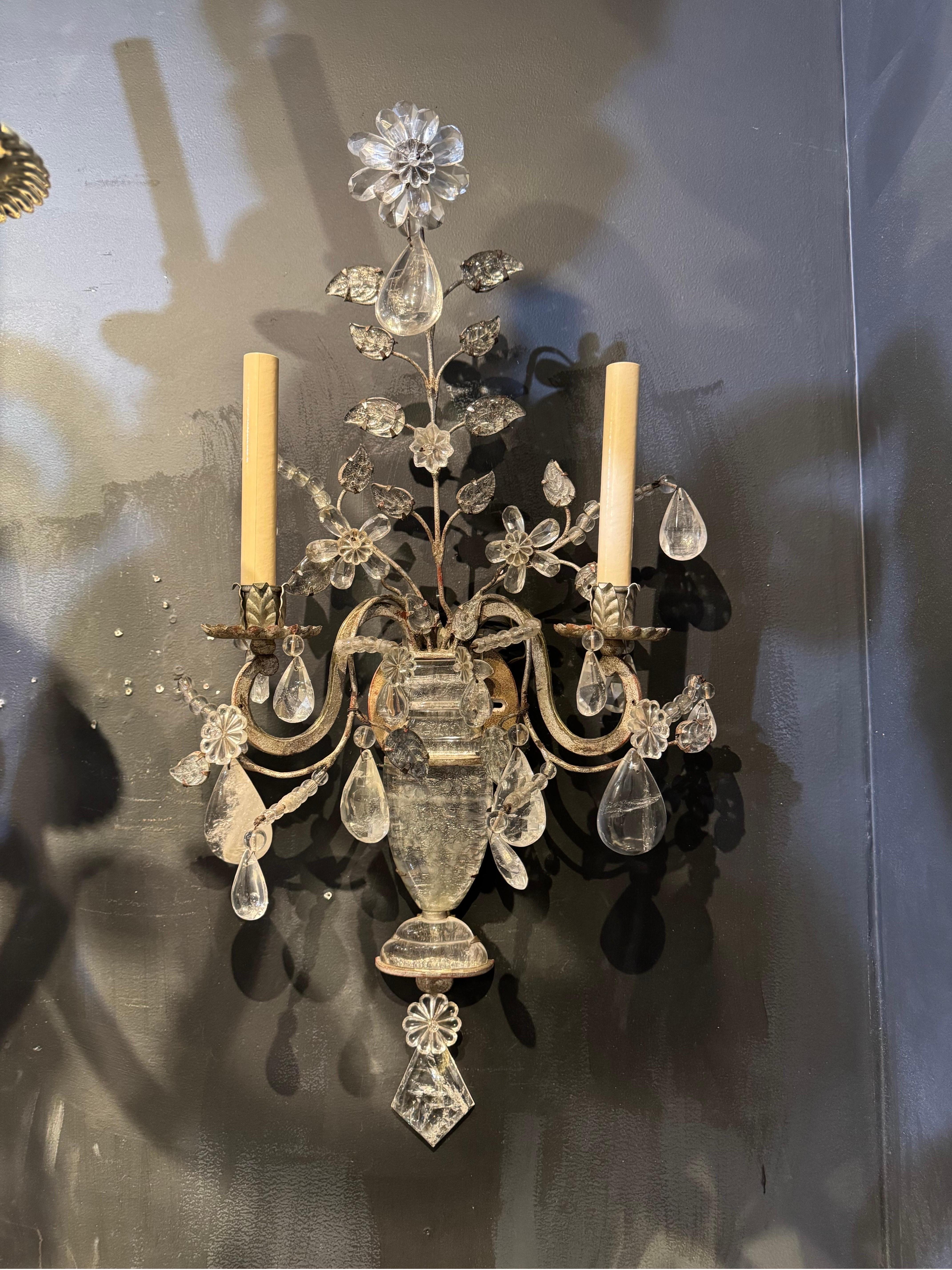 Argentato Sconcese a foglia d'argento Bagues francese degli anni '20 con cristalli di rocca in vendita