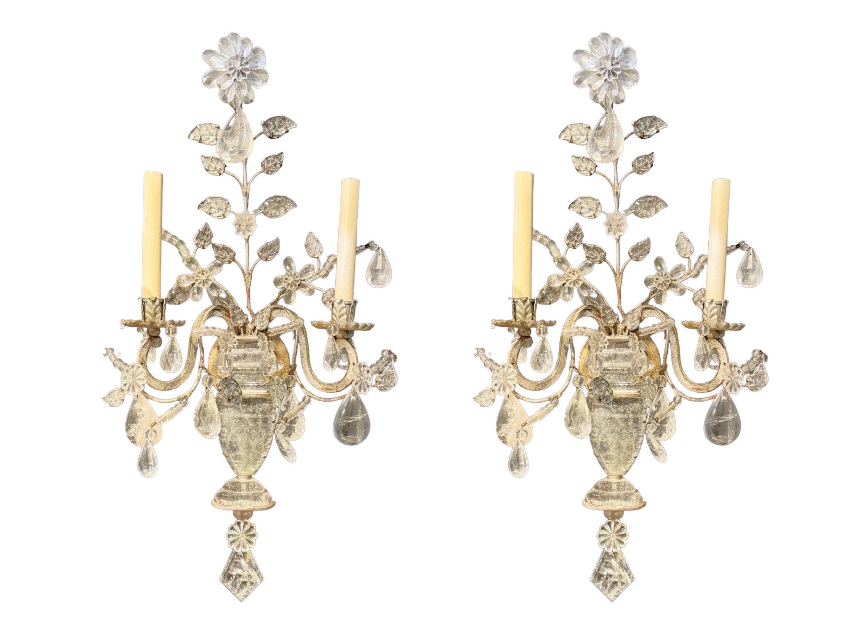 1920s French Bagues Silver Leaf Sconces with Rock Crystals 