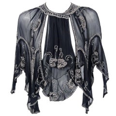 Antique 1920's French Beaded Rhinestone Floral Motif Black Chiffon Scalloped Capelet