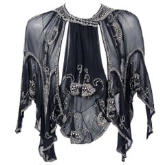 1920's French Beaded Rhinestone Floral Motif Black Chiffon Scalloped Capelet