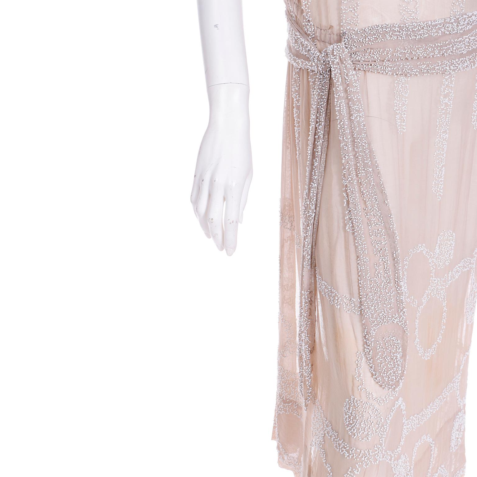 1920s French Beaded Sand Nude Silk Flapper Dress with Attached Fabric Belt For Sale 6