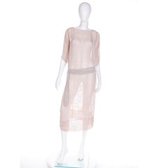 1920s French Beaded Sand Nude Silk Flapper Dress with Attached Fabric Belt