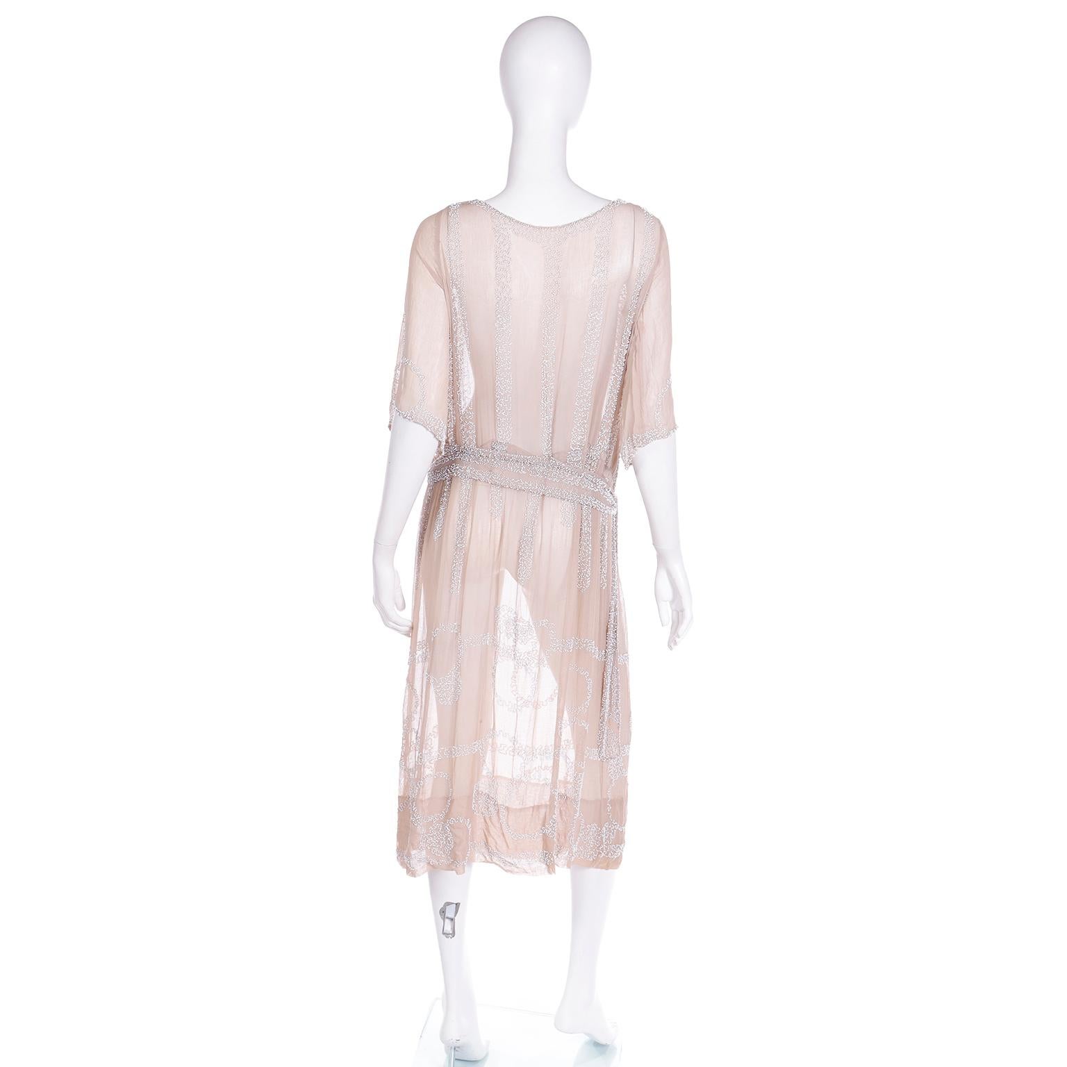 Women's 1920s French Beaded Sand Nude Silk Flapper Dress with Attached Fabric Belt For Sale