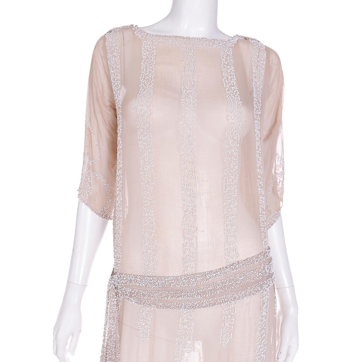 1920s French Beaded Sand Nude Silk Flapper Dress with Attached Fabric Belt For Sale 2