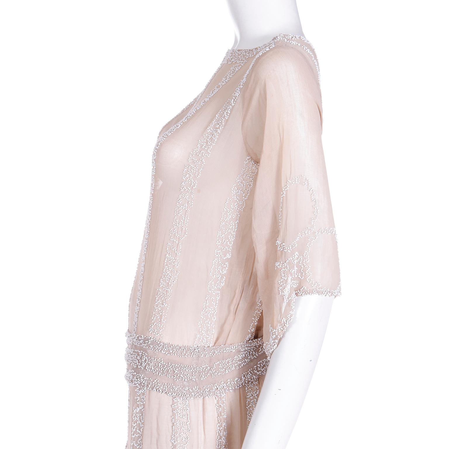 1920s French Beaded Sand Nude Silk Flapper Dress with Attached Fabric Belt For Sale 3