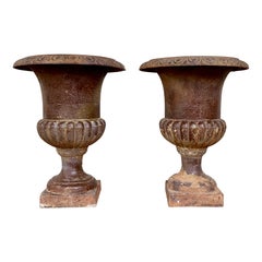 Antique 1920s French Bell-Shaped Cast Iron Planters, a Pair