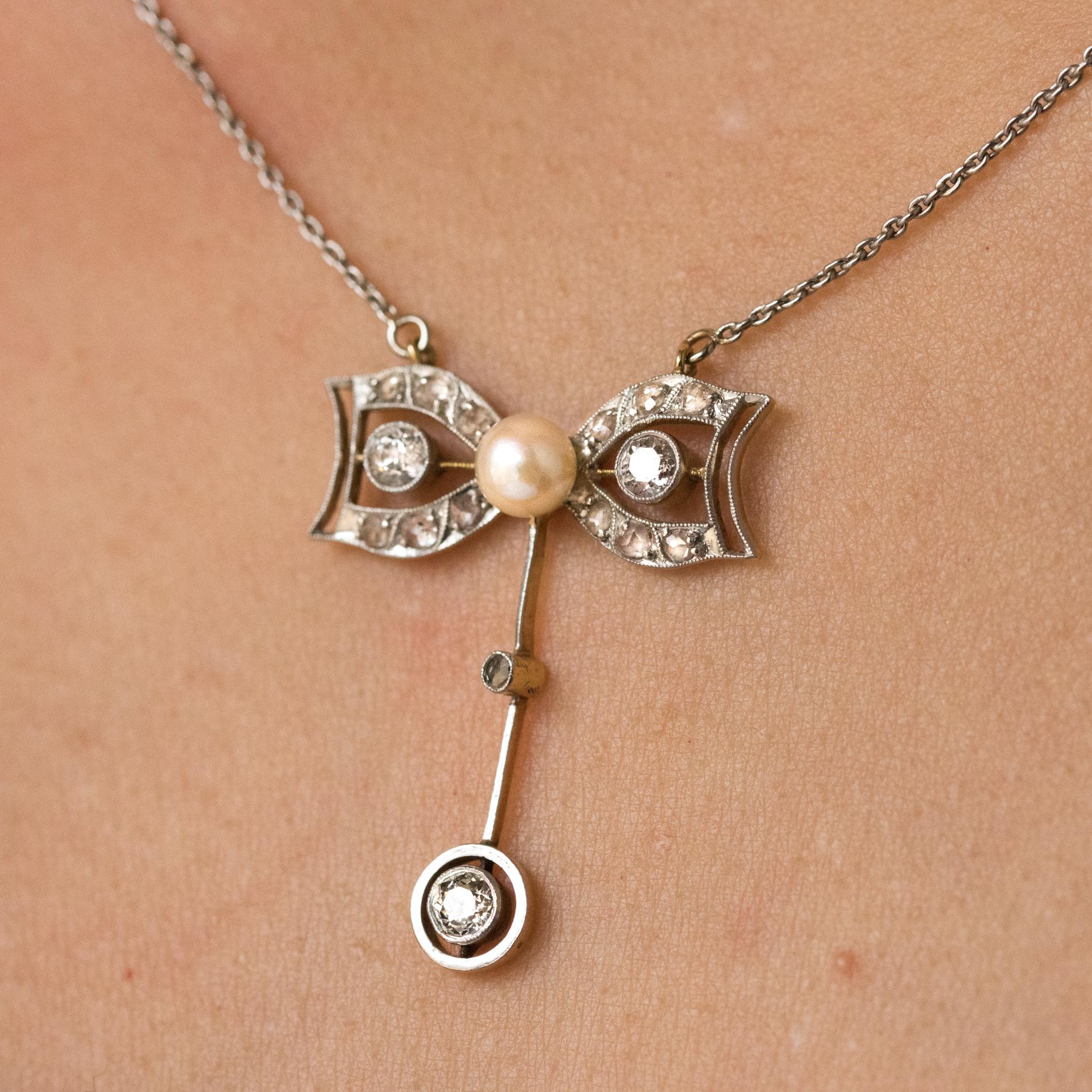 Belle Époque 1920s French Belle Epoque Diamond Cultured Pearl Gold Pendant Necklace